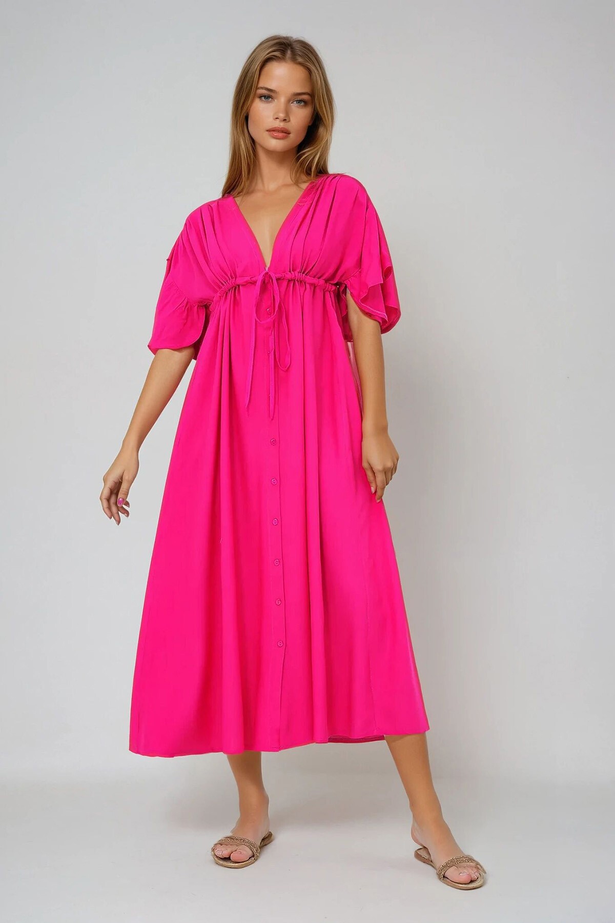 Fuşya V Yaka Sırt Dekolteli Bağlama Detaylı Önü Düğmeli Yazlık Poplin Elbise