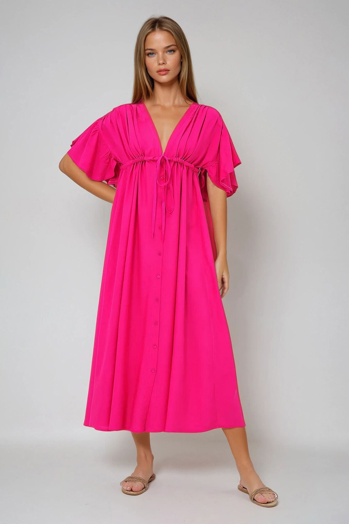 Fuşya V Yaka Sırt Dekolteli Bağlama Detaylı Önü Düğmeli Yazlık Poplin Elbise