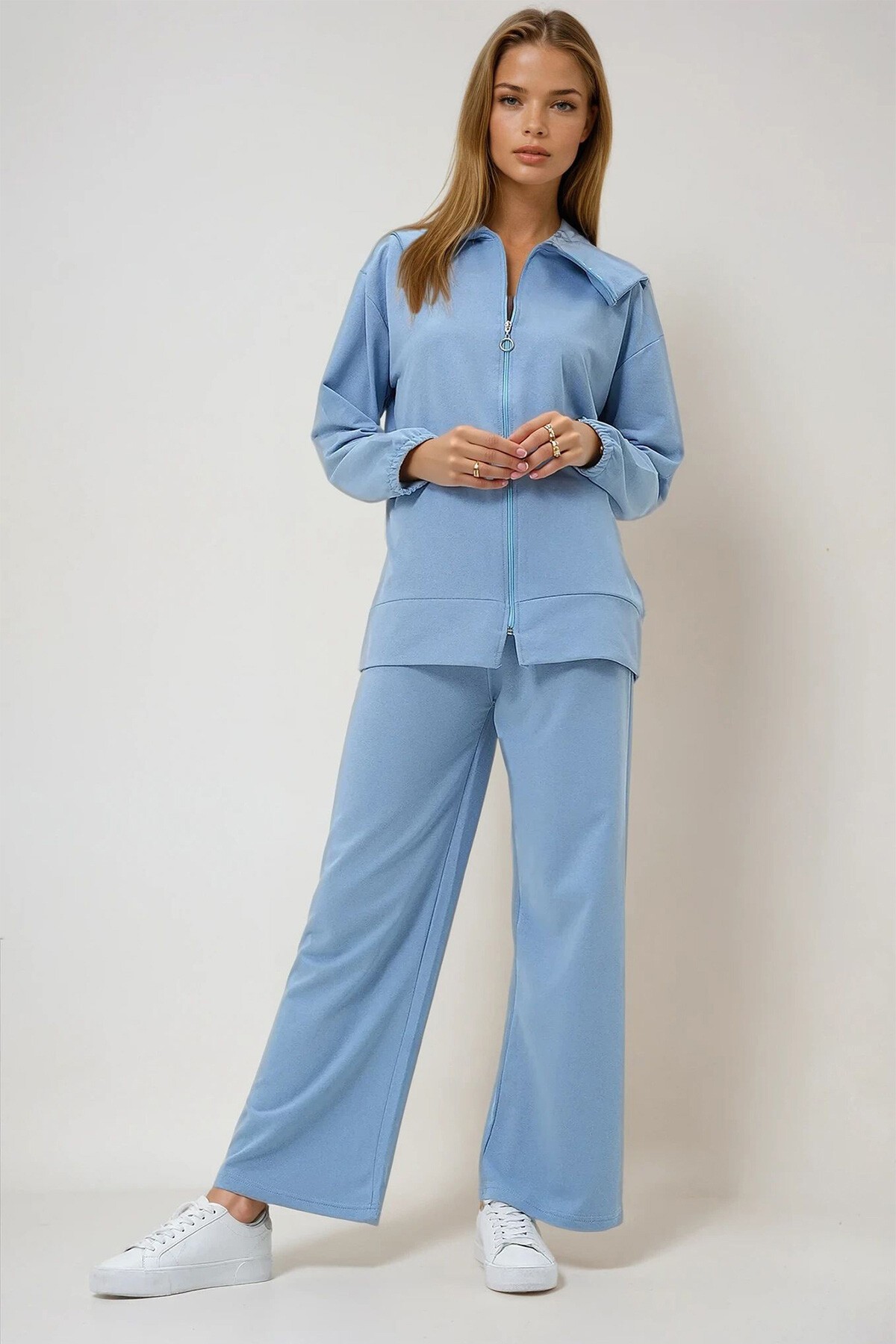 Gök Mavisi Denizci Yaka Fermuarlı Mevsimlik Tunik  Ve Pantolon İkili Takım