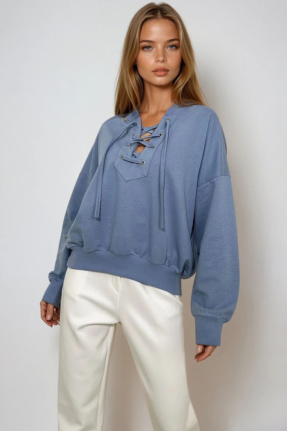 Gök Mavisi Önü Bağcıklı Oversıze Sweatshirt
