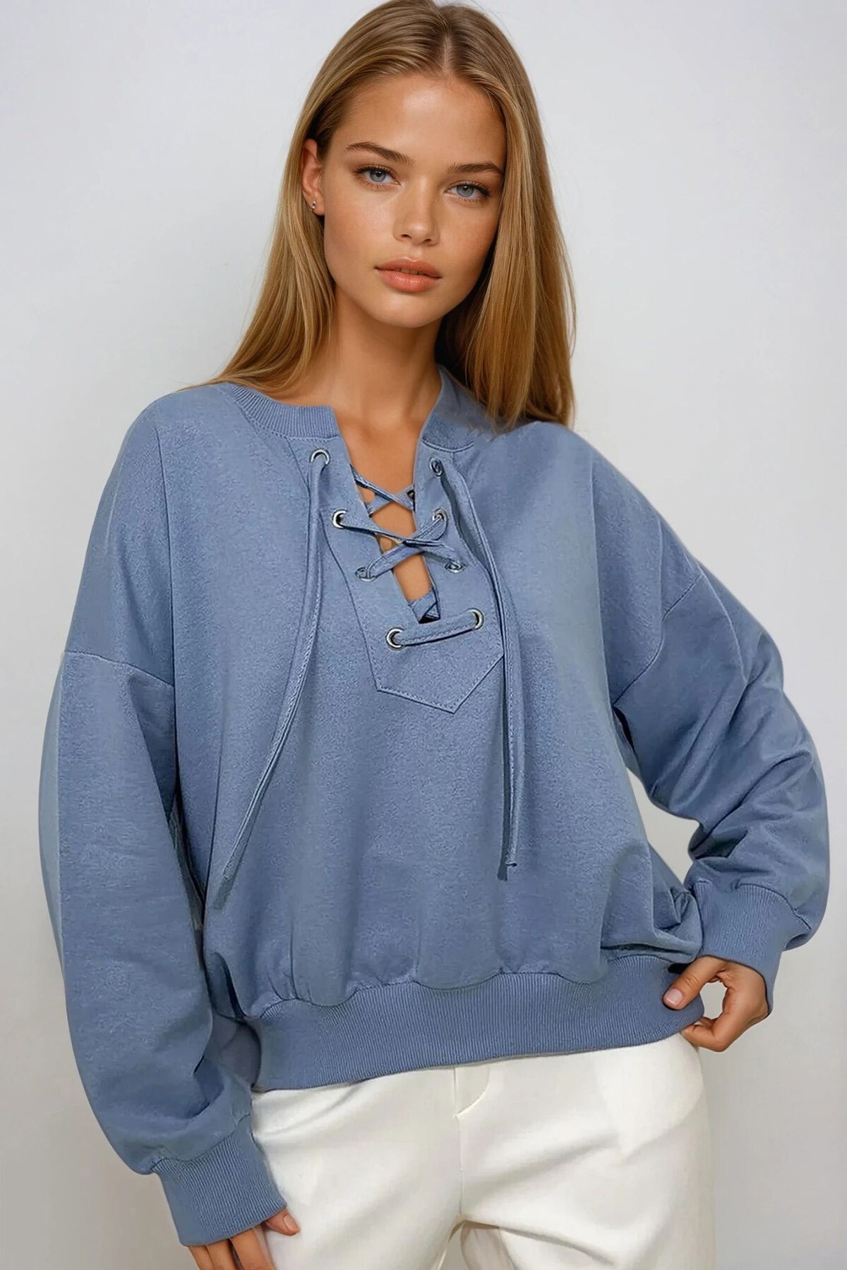 Gök Mavisi Önü Bağcıklı Oversıze Sweatshirt