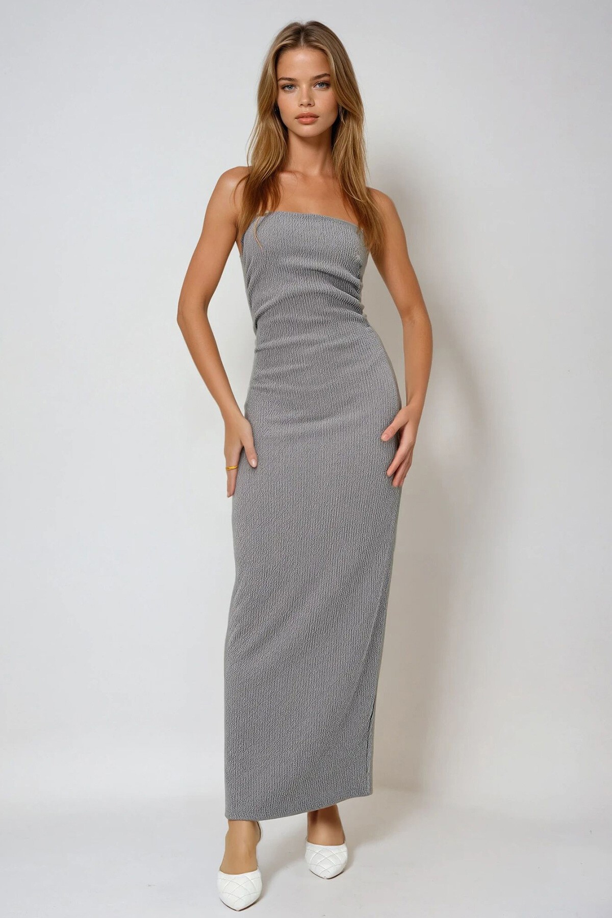 Gri Bürümcük Kumaş Yanları Büzgülü Yazlık Straplez Elbise