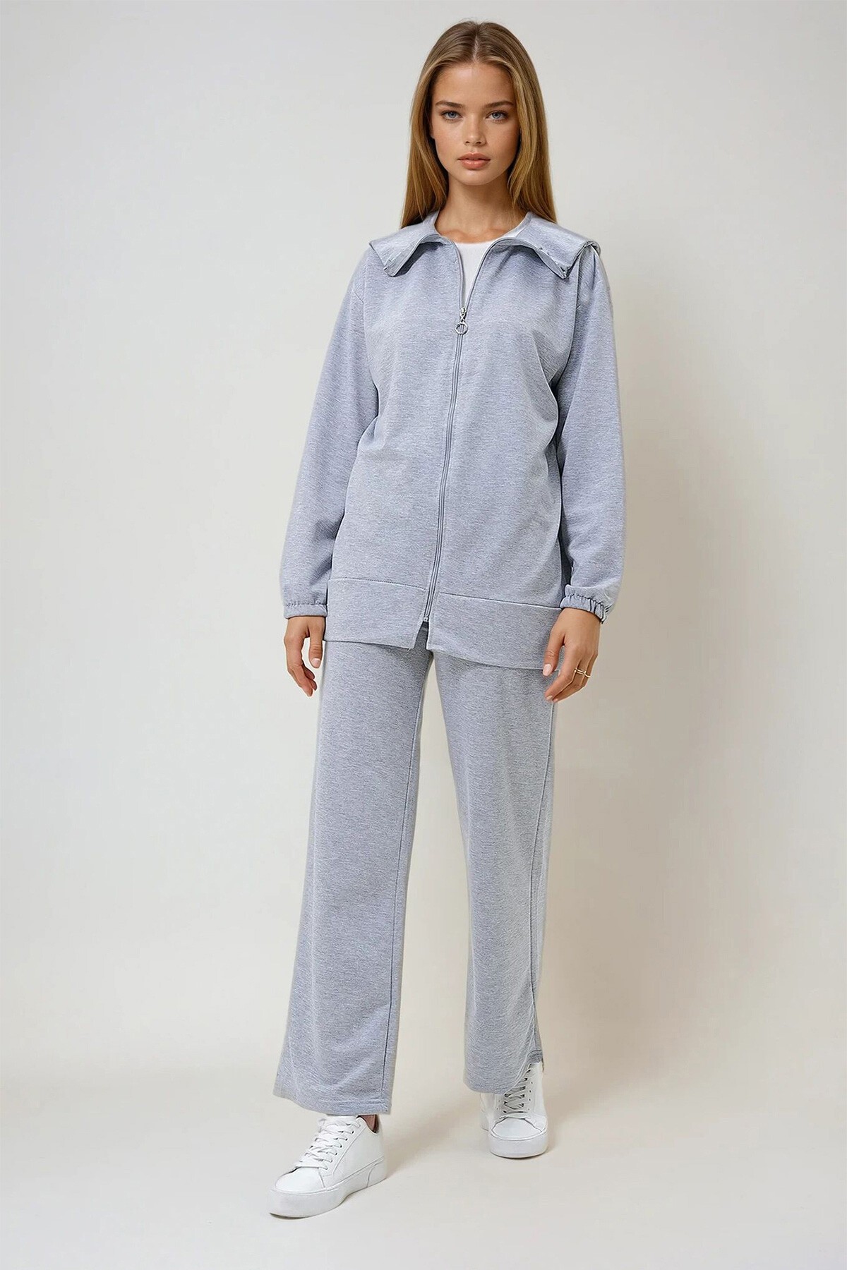 Gri Denizci Yaka Fermuarlı Mevsimlik Tunik  Ve Pantolon İkili Takım