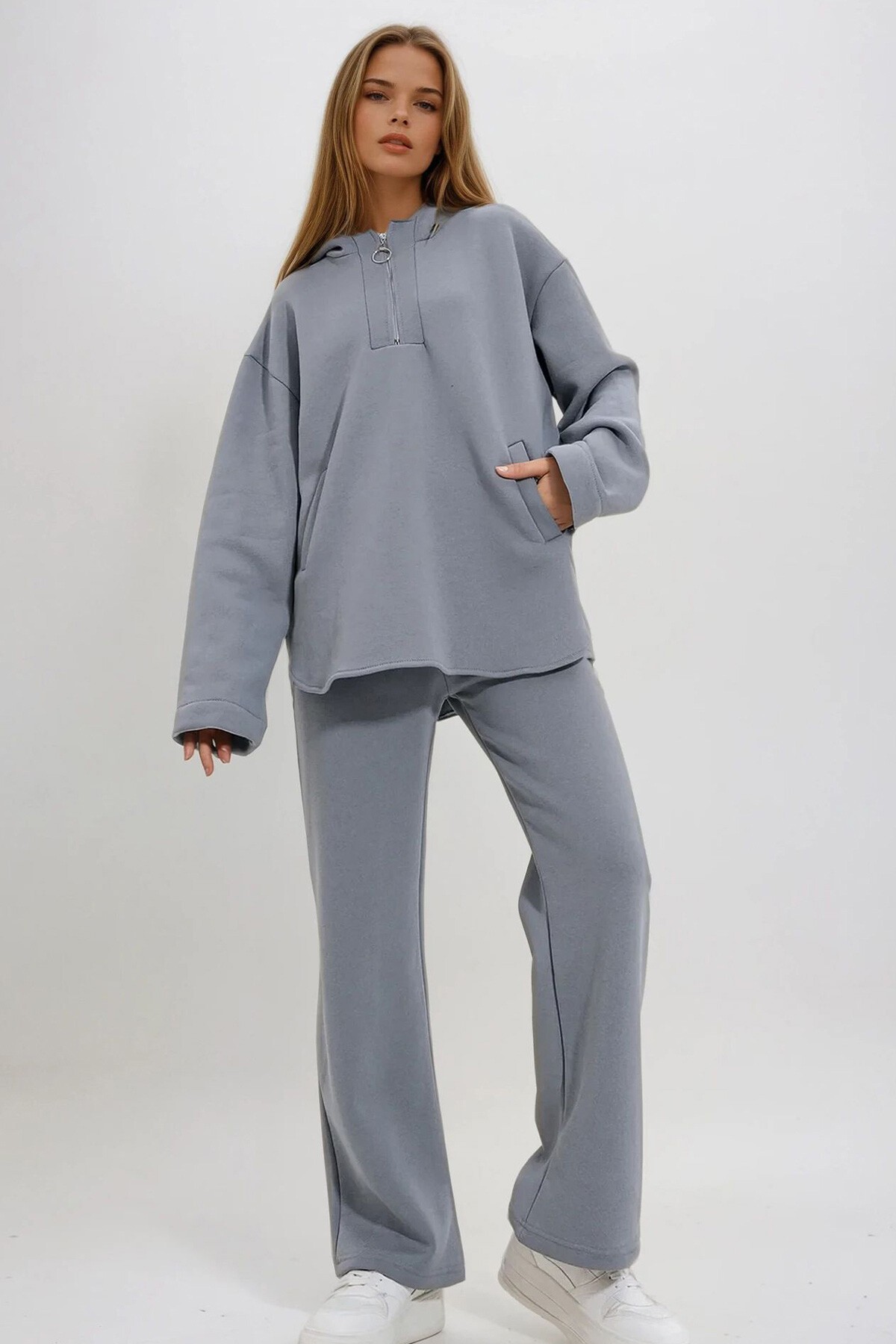 Gri Kapüşonlu Fermuarlı Çift Cepli 3 İplik İçi Şardonlu Eşofman Takım