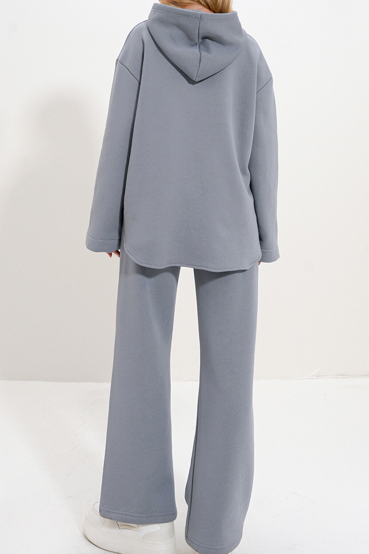 Gri Kapüşonlu Fermuarlı Çift Cepli 3 İplik İçi Şardonlu Eşofman Takım
