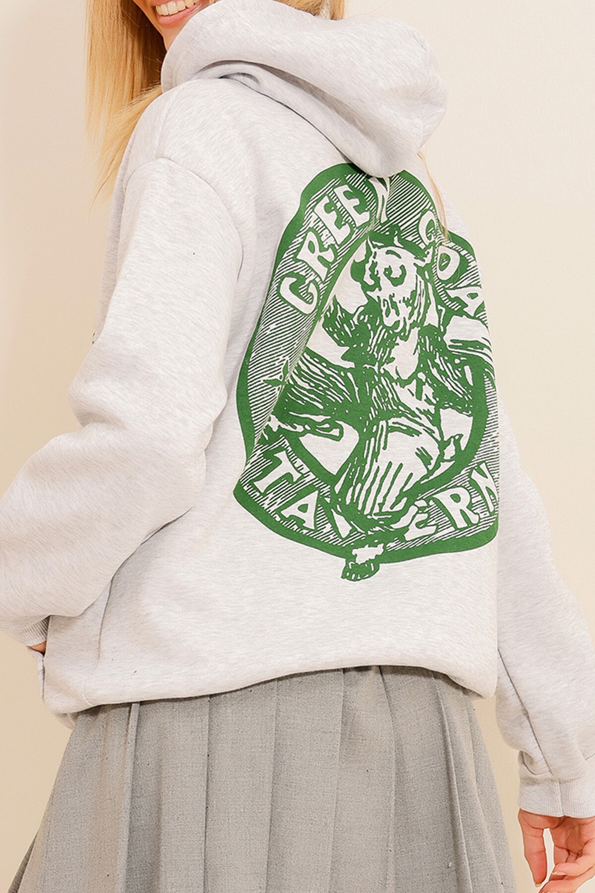 Gri Kapüşonlu Sırt Ve Önü Baskılı 3 İplik İçi Şardonlu Sweatshirt