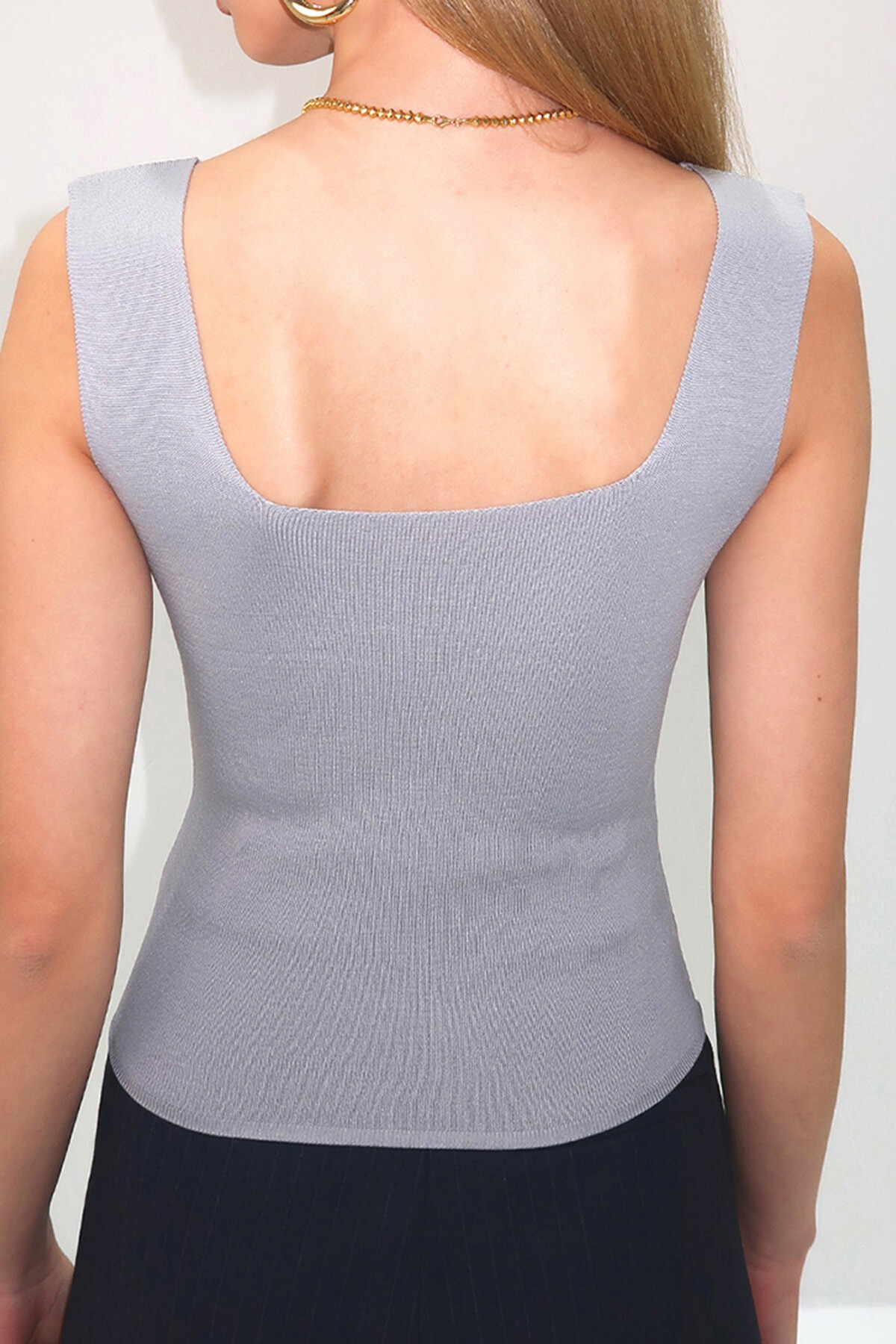 Gri   Mürdüm Kare Yaka Mevsimlik Merserize 2Li Triko Bluz