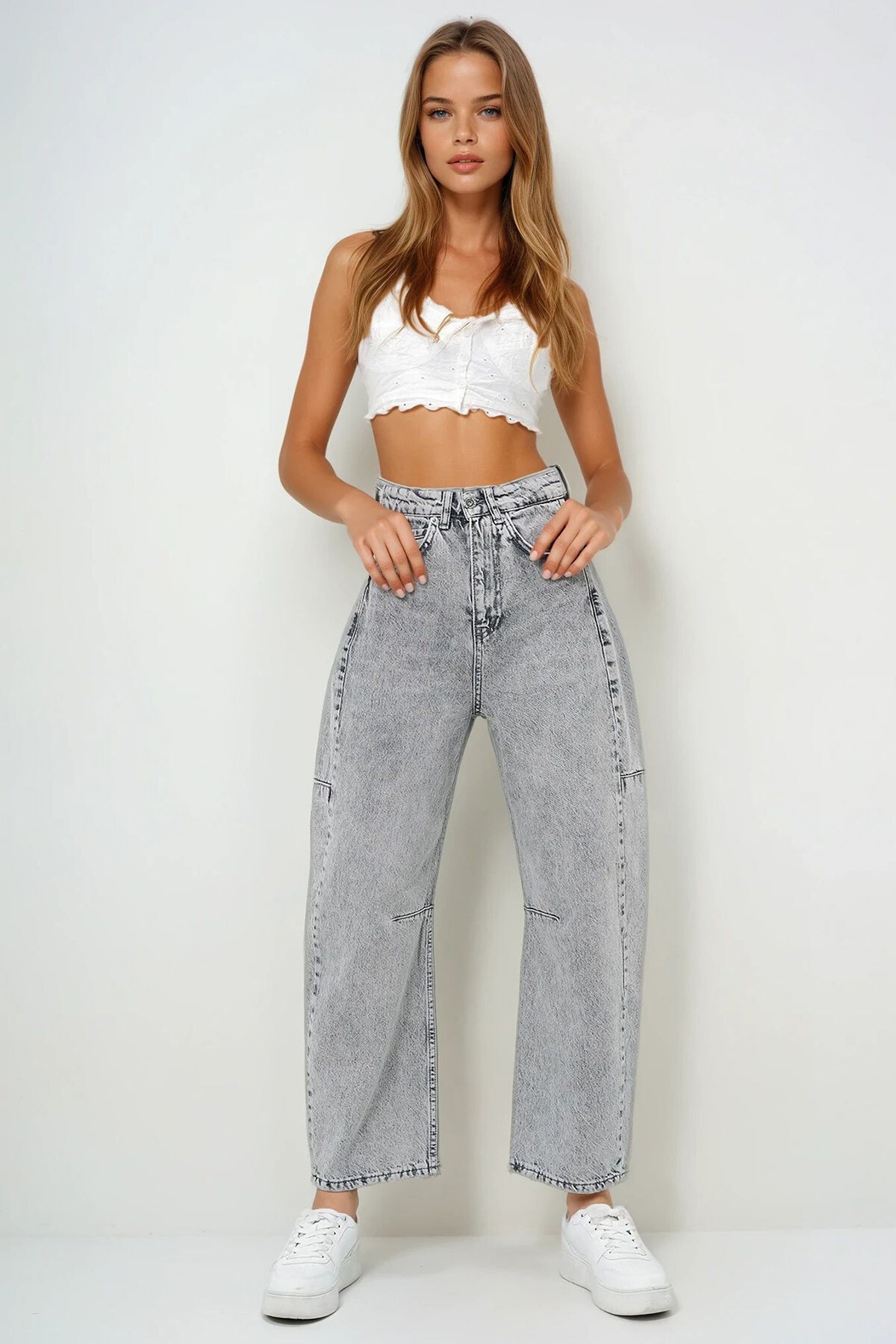 Gri Yüksek Bel Baggy Balloon Jean