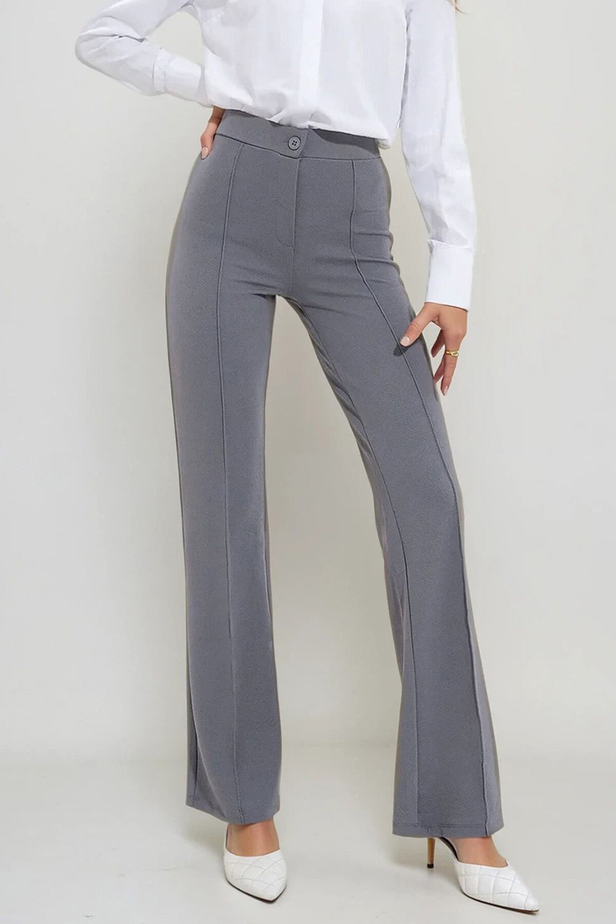 Gri Yüksek Bel Önü Çimalı Bol Paça Likralı Pantolon