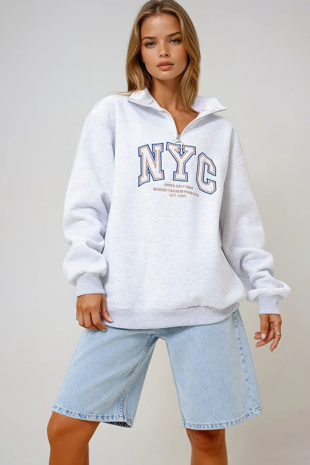 Grimelanj Dik Yaka Fermuarlı Önü Nakışlı Oversize 3 İplik İçi Şardonlu Unisex Sweatshirt