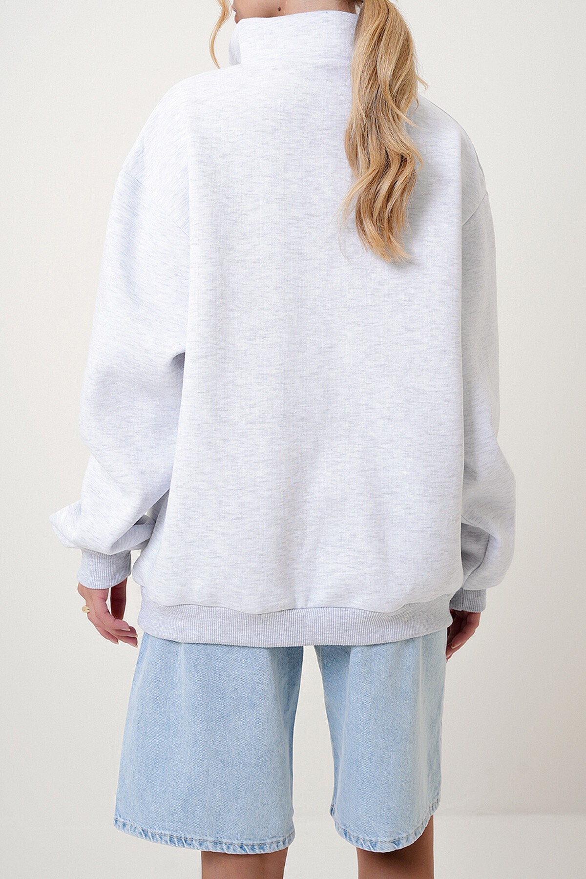 Grimelanj Dik Yaka Fermuarlı Önü Nakışlı Oversize 3 İplik İçi Şardonlu Unisex Sweatshirt