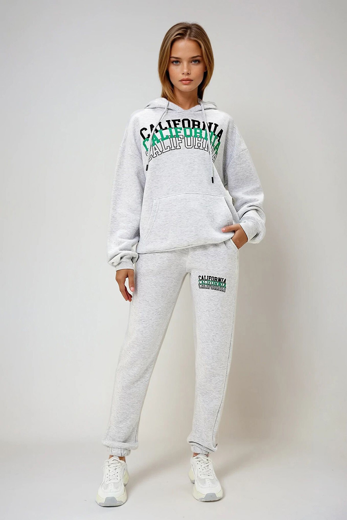 Grimelanj Kapüşonlu Kanguru Cepli Önü Baskılı Şardonlu Sweatshırt Ve Paçası Lastikli Eşofman Takımı