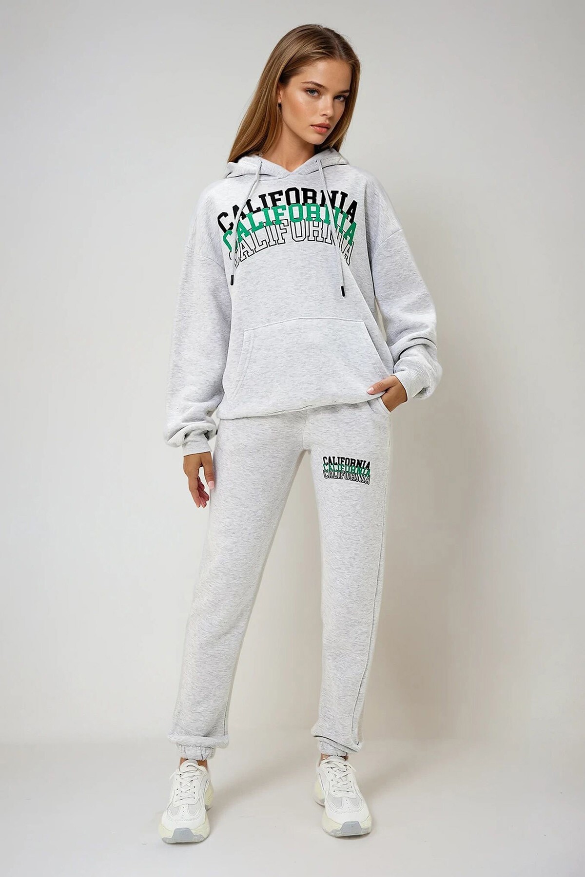 Grimelanj Kapüşonlu Kanguru Cepli Önü Baskılı Şardonlu Sweatshırt Ve Paçası Lastikli Eşofman Takımı