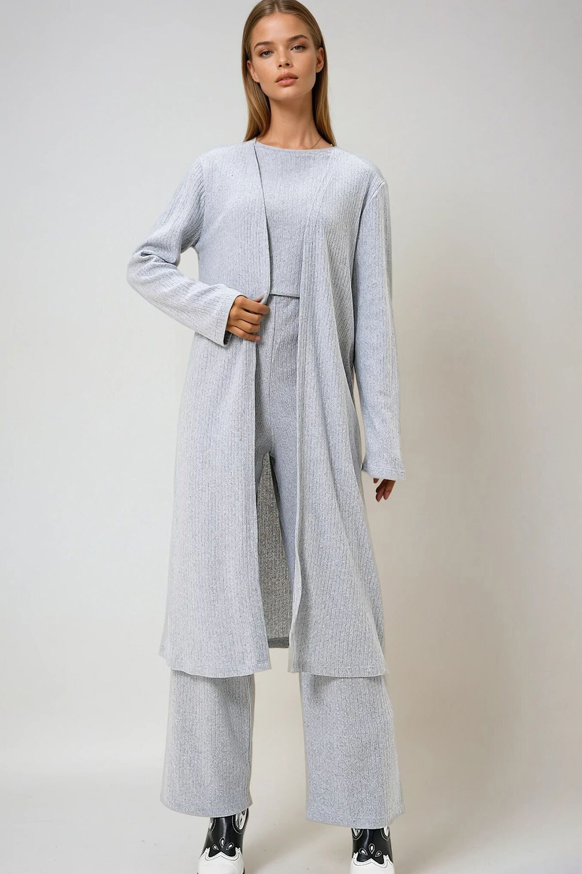 Grimelanj Omzu Vatkalı Bisiklet Yaka Bluz Pantolon Ve Hırkalı Set Takım