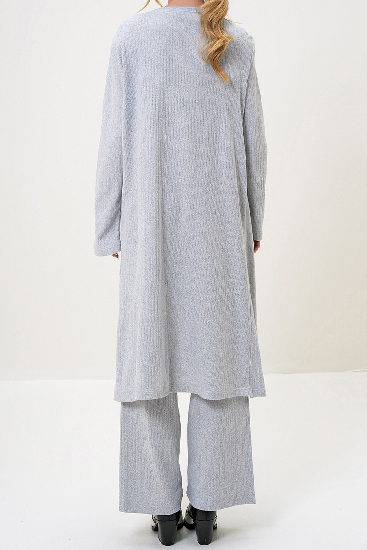 Grimelanj Omzu Vatkalı Bisiklet Yaka Bluz Pantolon Ve Hırkalı Set Takım