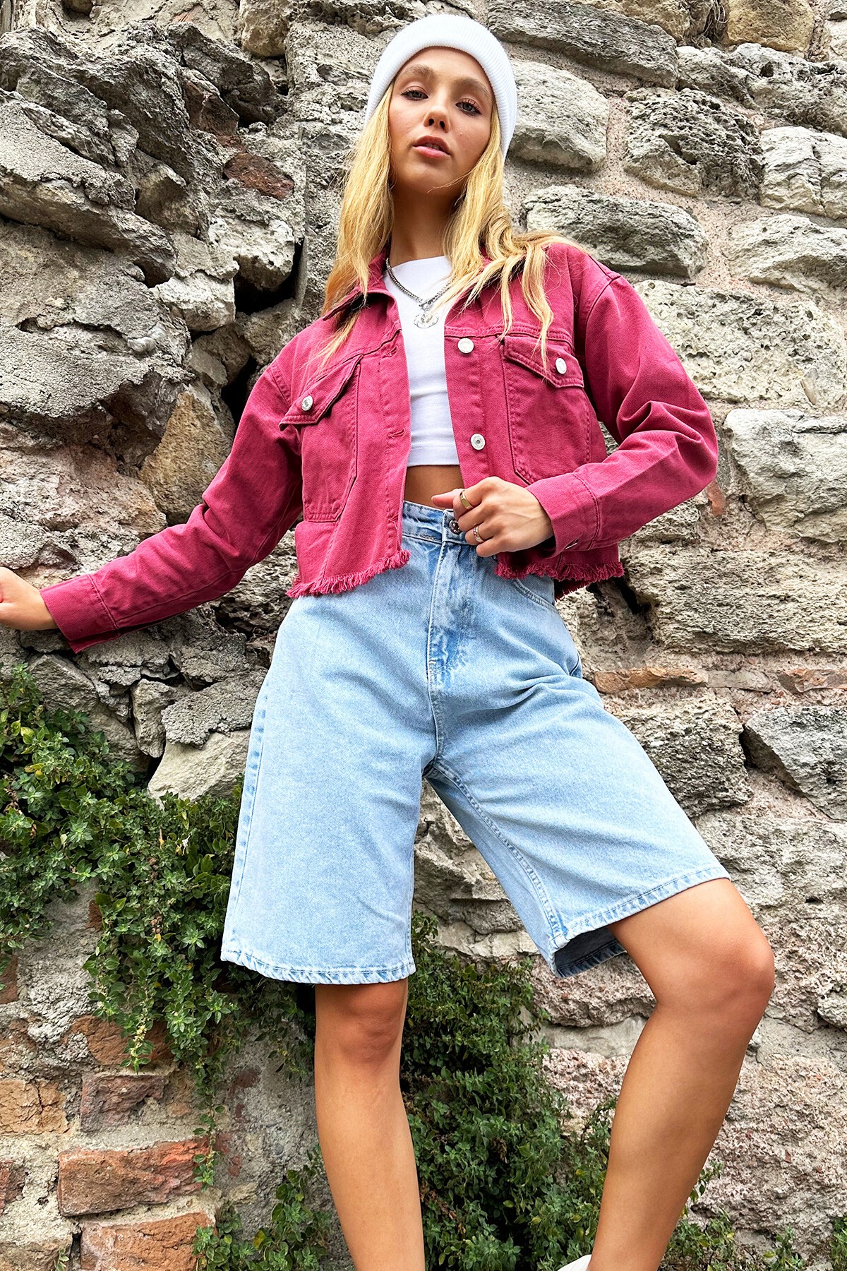 Gül Kurusu Çift Cepli Püskül Detaylı Crop Jean Ceket