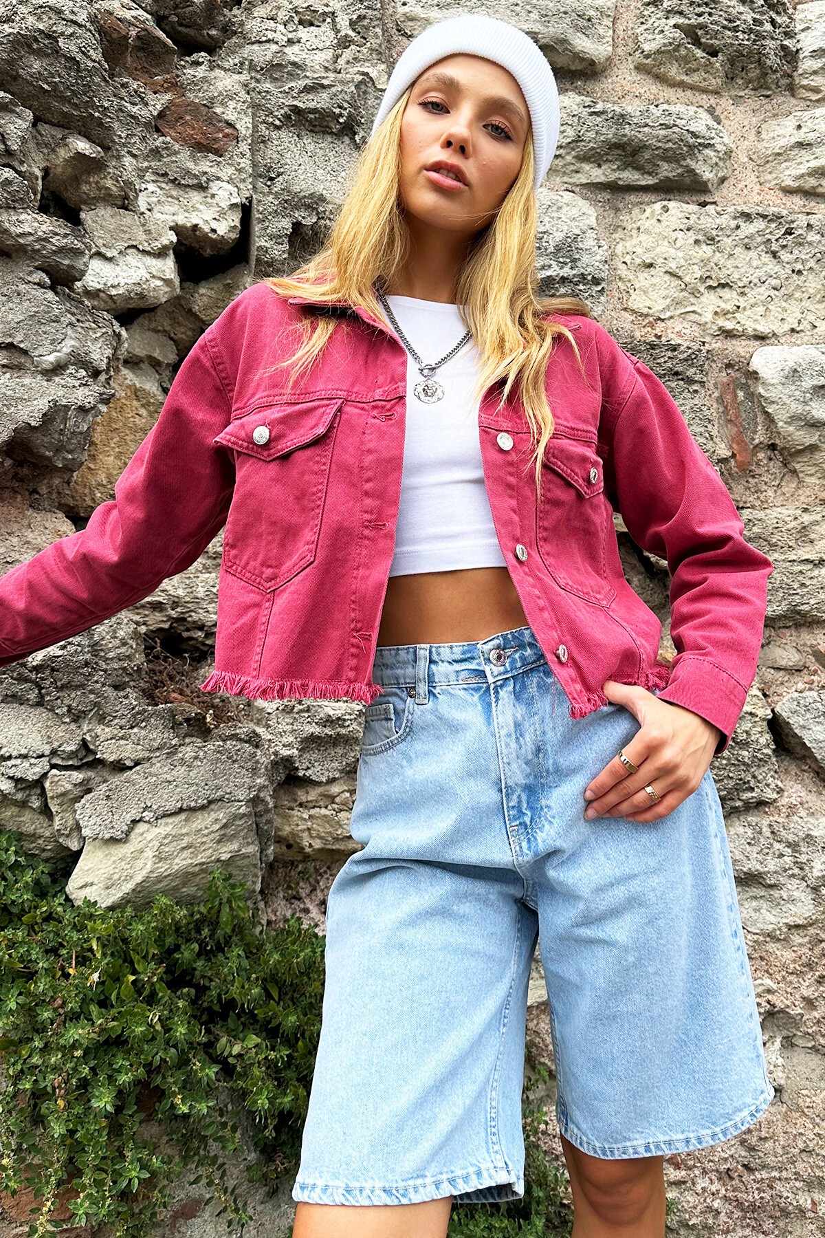 Gül Kurusu Çift Cepli Püskül Detaylı Crop Jean Ceket