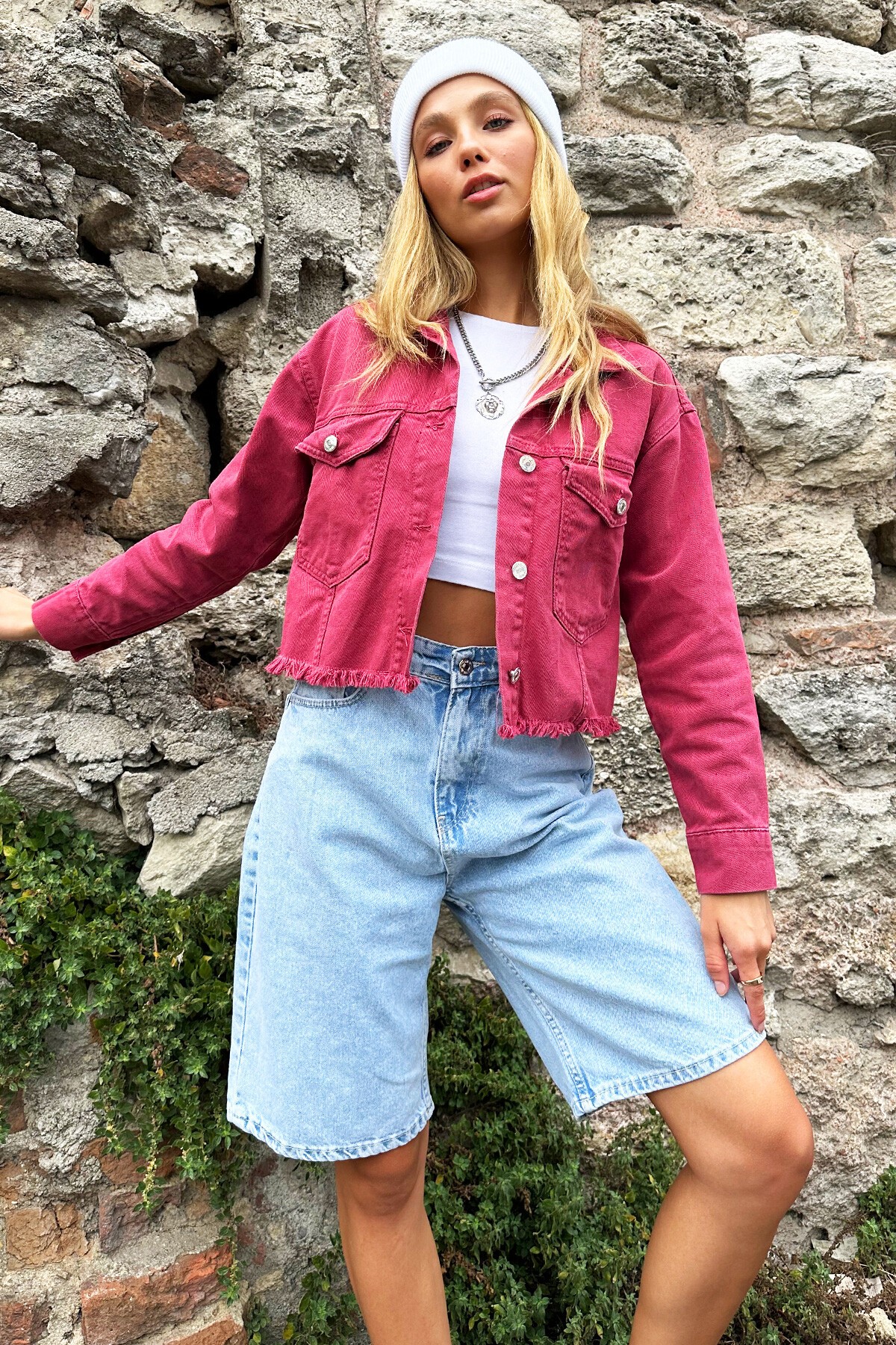 Gül Kurusu Çift Cepli Püskül Detaylı Crop Jean Ceket