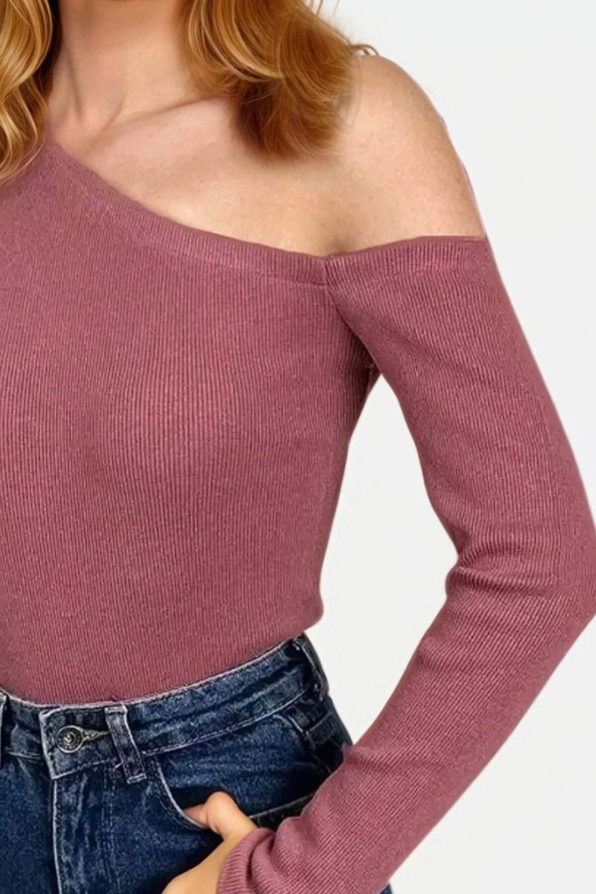 Gül Kurusu Kayık Yaka Tek Omuzu Açık Kaşkorse Bluz