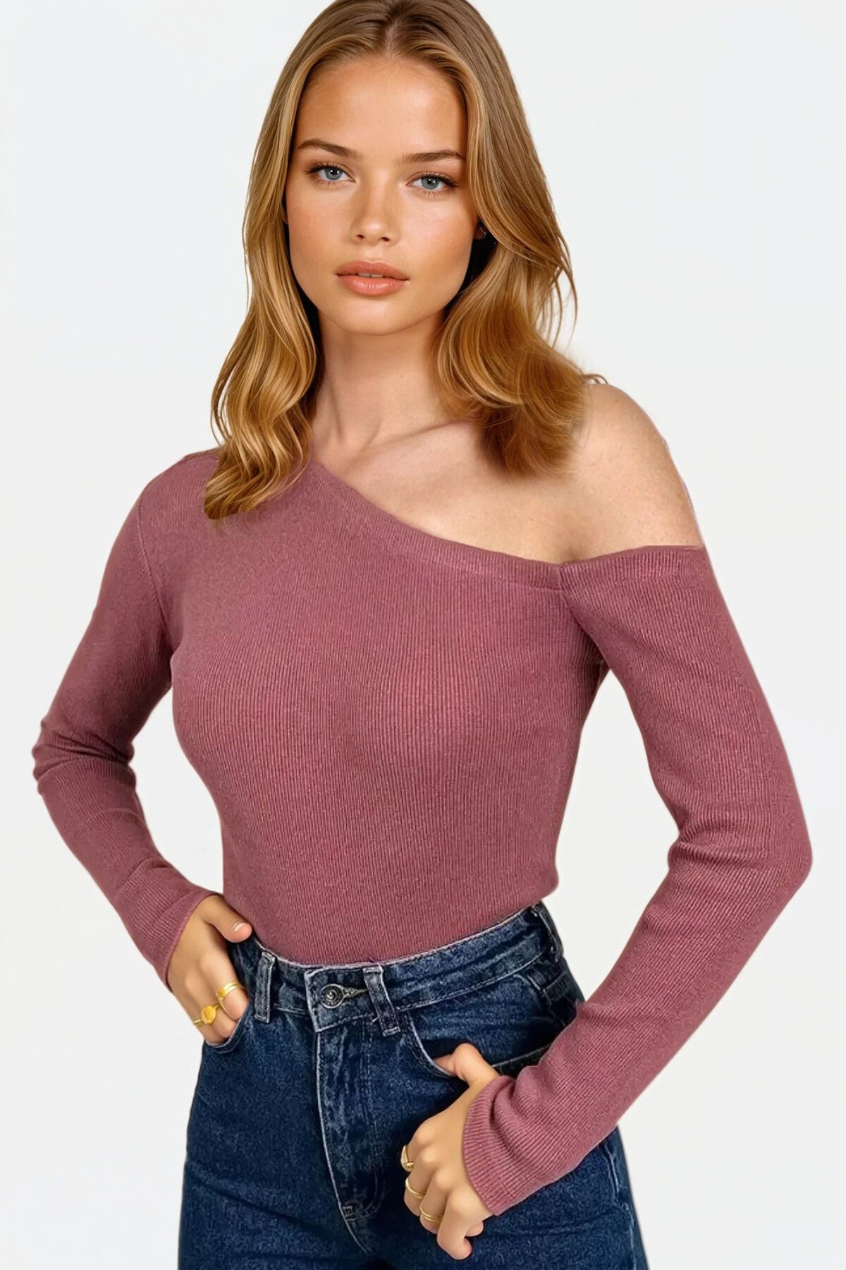 Gül Kurusu Kayık Yaka Tek Omuzu Açık Kaşkorse Bluz