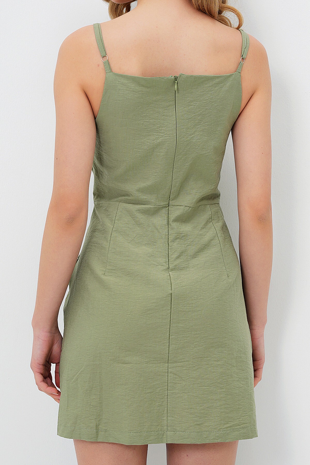 Haki Ayarlanabilir Askılı Drapeli İçi Astarlı Dokuma Mini Elbise