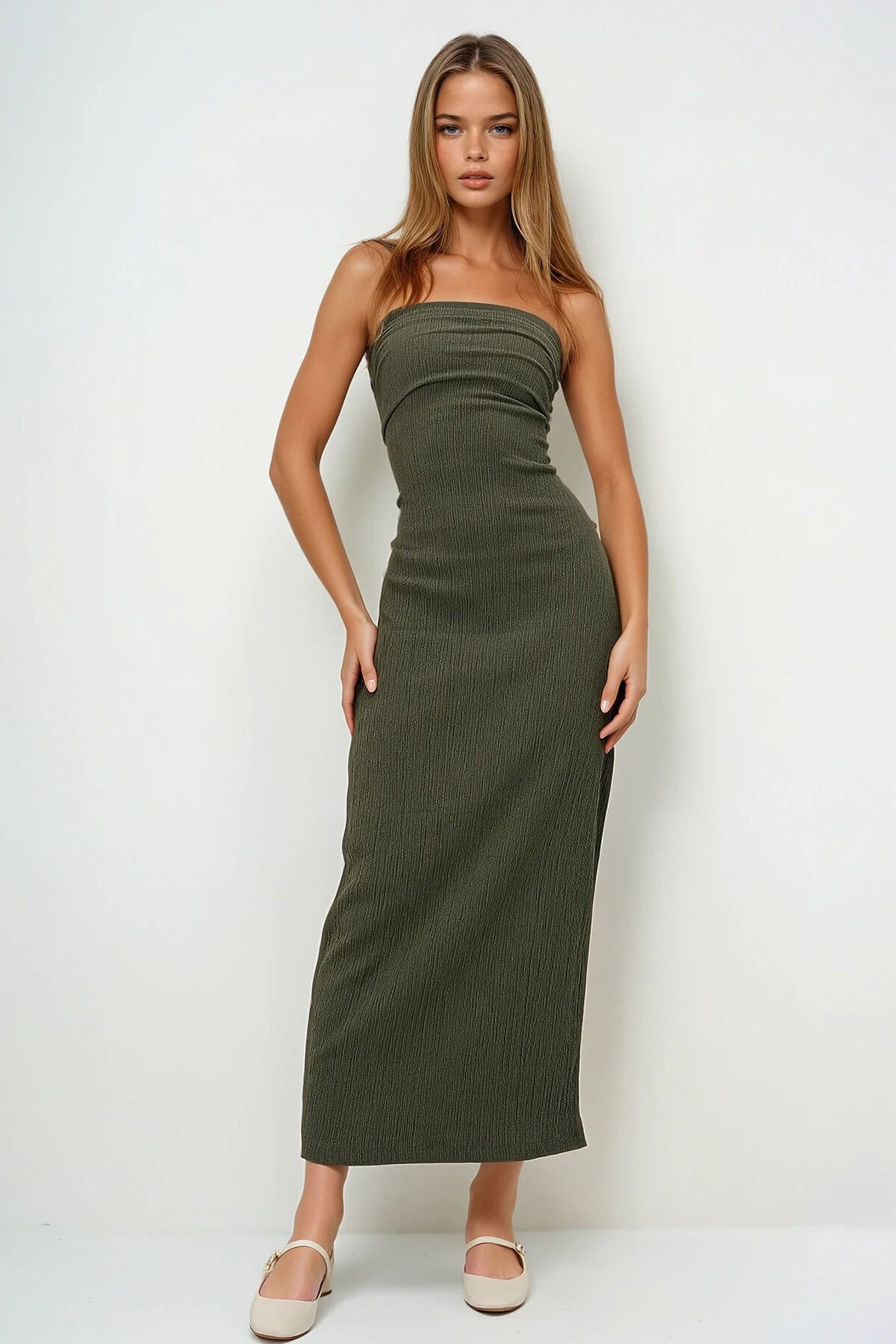 Haki Bürümcük Kumaş Yanları Büzgülü Yazlık Straplez Elbise