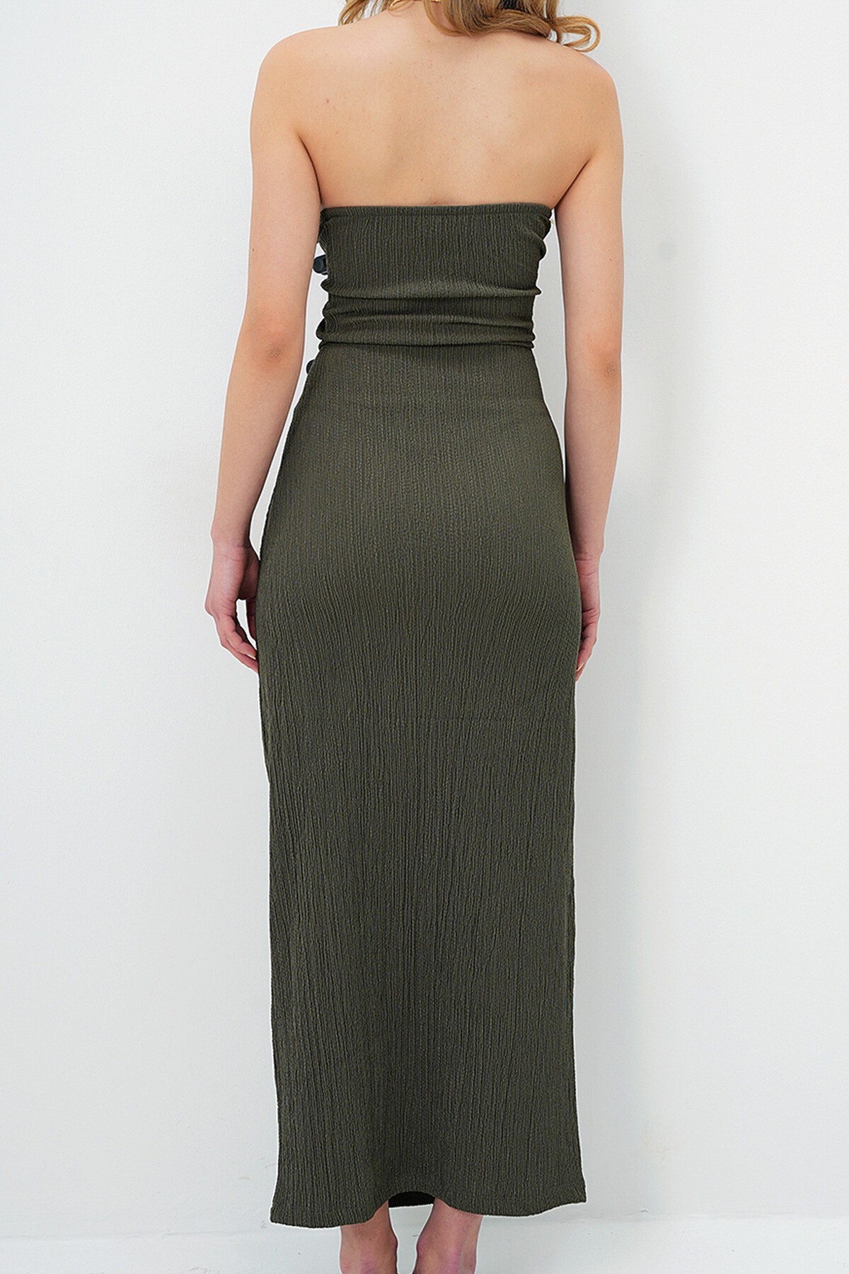 Haki Bürümcük Kumaş Yanları Büzgülü Yazlık Straplez Elbise