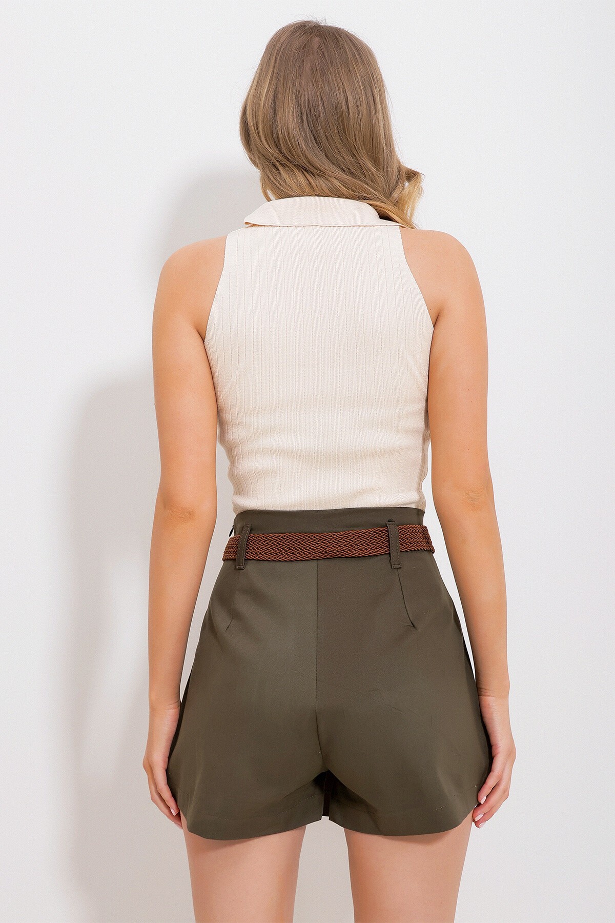 Haki Cep Kapaklı Pileli Gizli Fermuarlı Gabardin Şort Etek