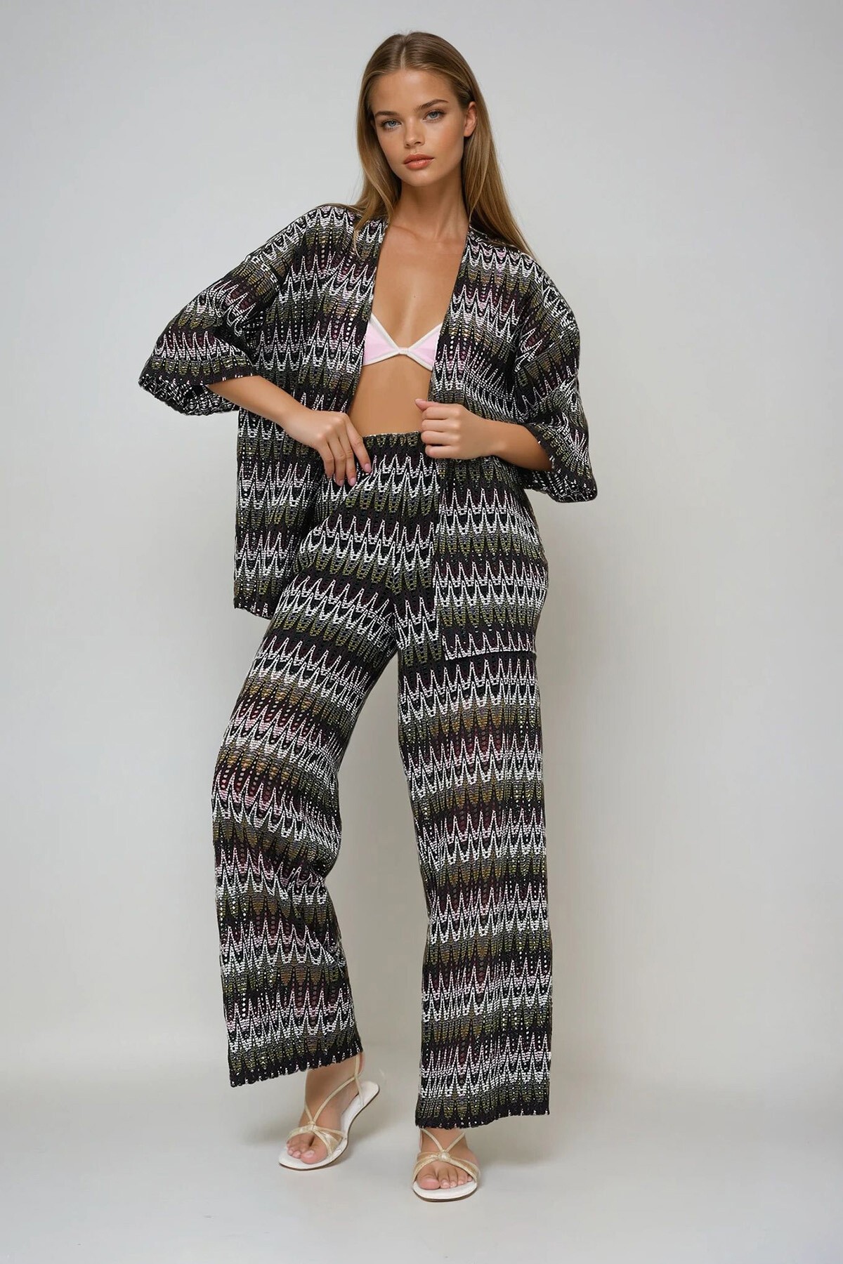 Haki Duble Kol Güpür Kimono Ve İçi Astarlı Palazzo Pantolon Takım