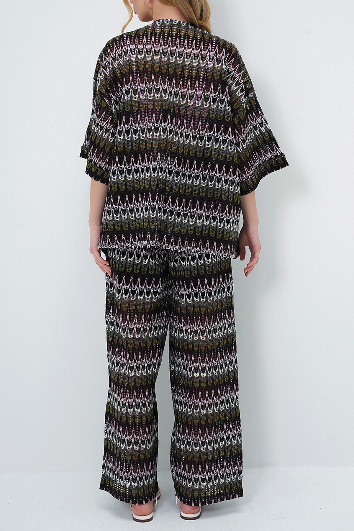 Haki Duble Kol Güpür Kimono Ve İçi Astarlı Palazzo Pantolon Takım