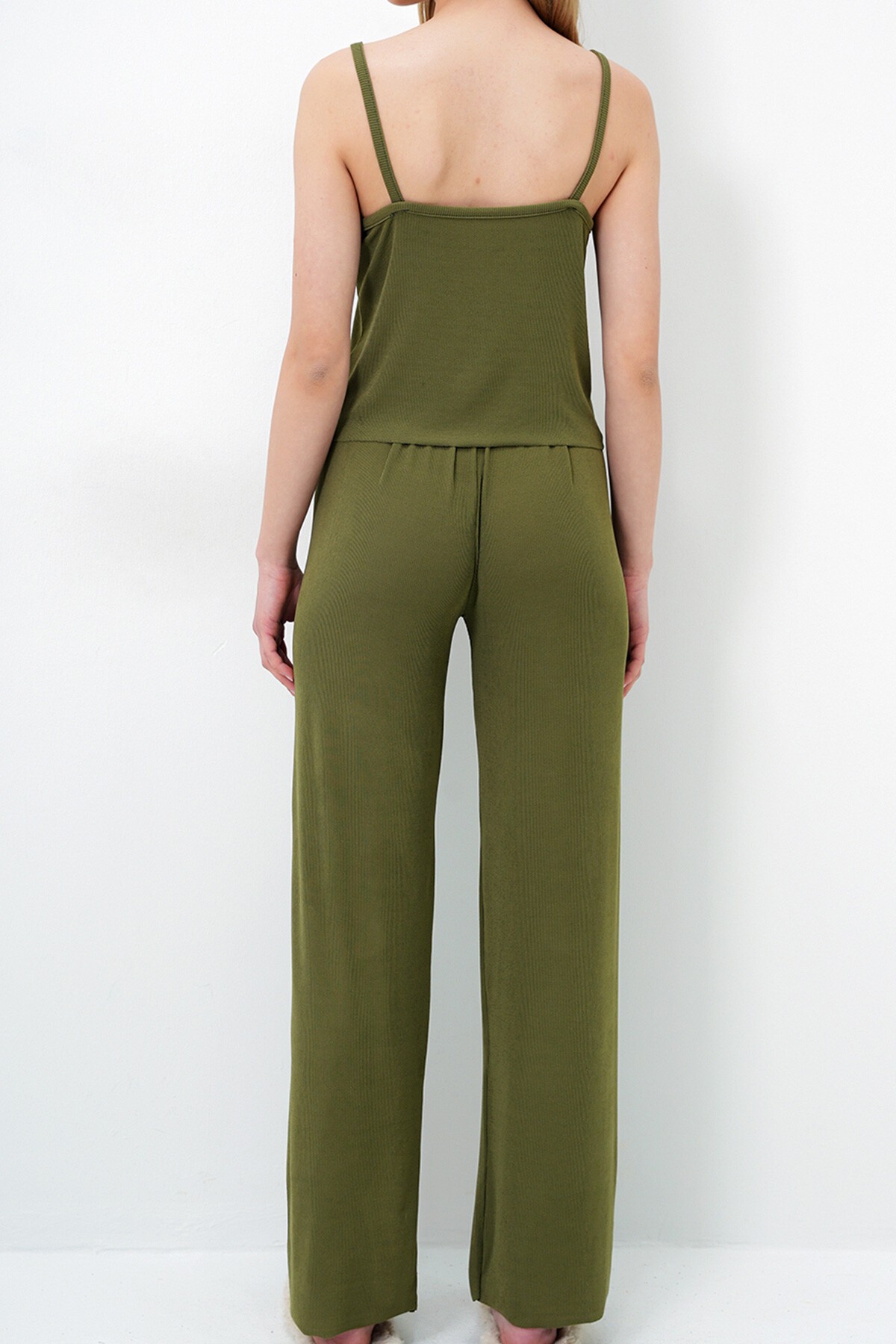 Haki İp Askılı Dantel Detaylı Bluz, Şort Ve Pantolonlu 3 Lü Set Pijama Takımı