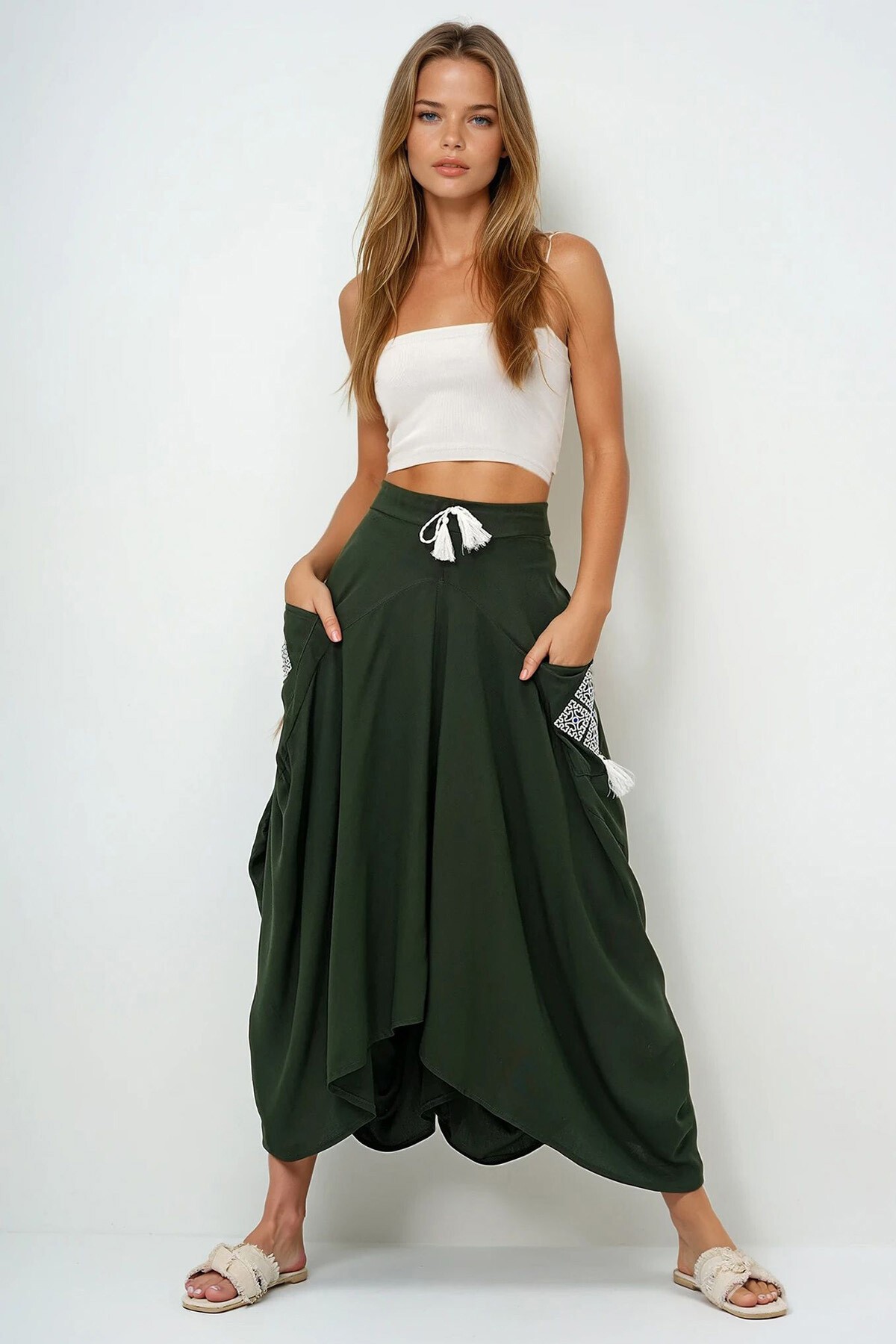 Haki Nakışlı Çift Cepli Şalvar Kesim Dokuma Etek