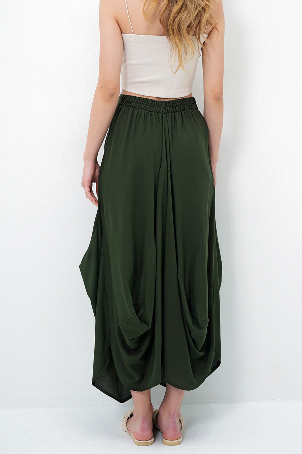 Haki Nakışlı Çift Cepli Şalvar Kesim Dokuma Etek