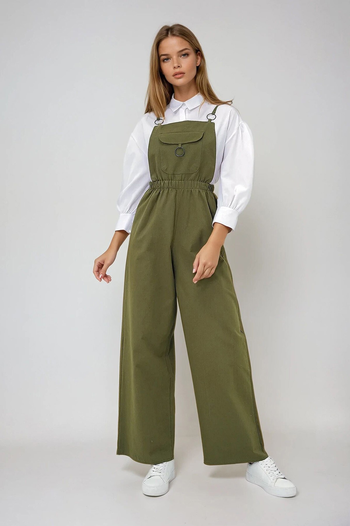 Haki Önü Cepli Askılı Halka Detaylı Aerobin Salopet Pantolon