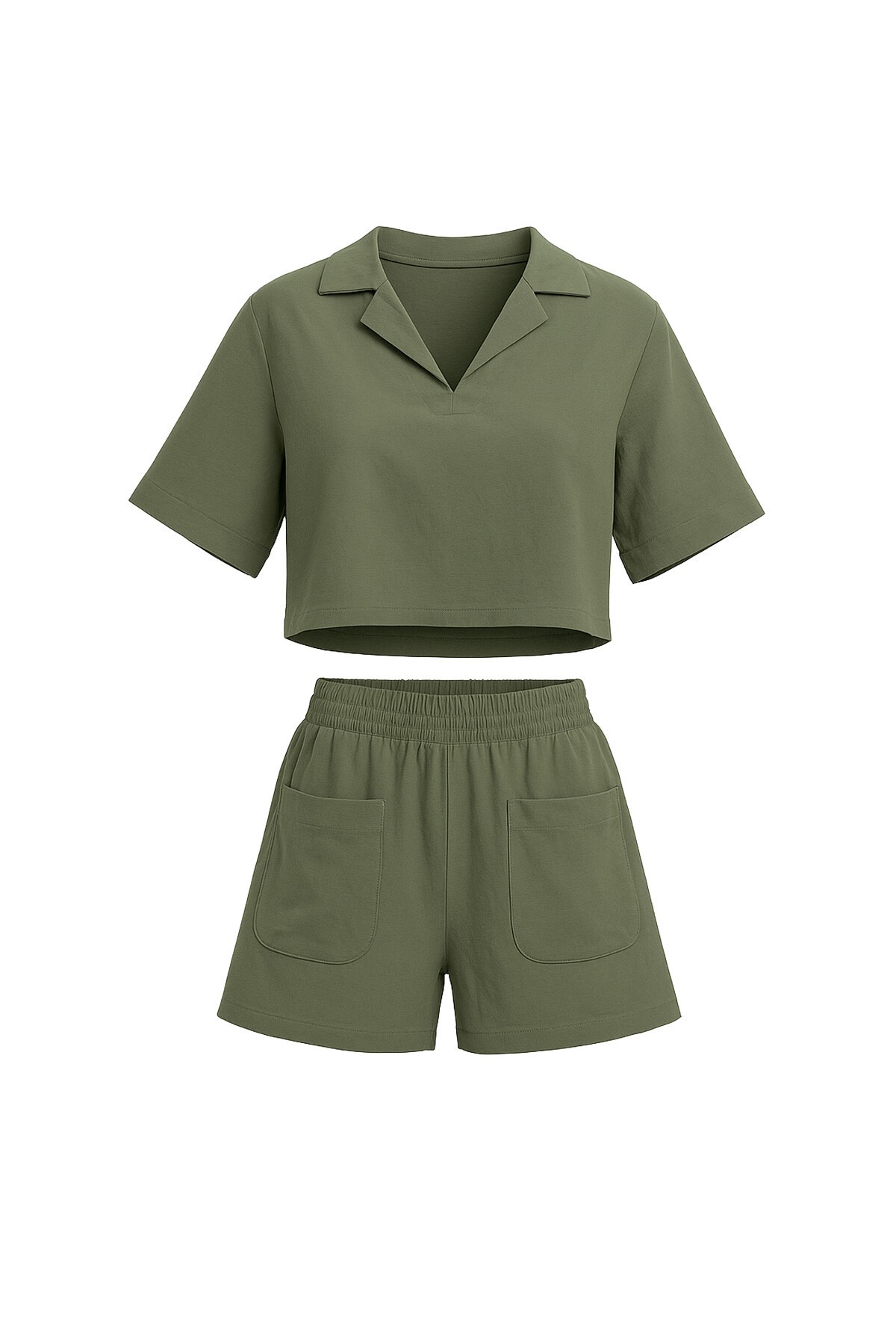 Haki Polo Yaka Crop Bluz Ve Şortlu Dokuma Alt Üst Takım