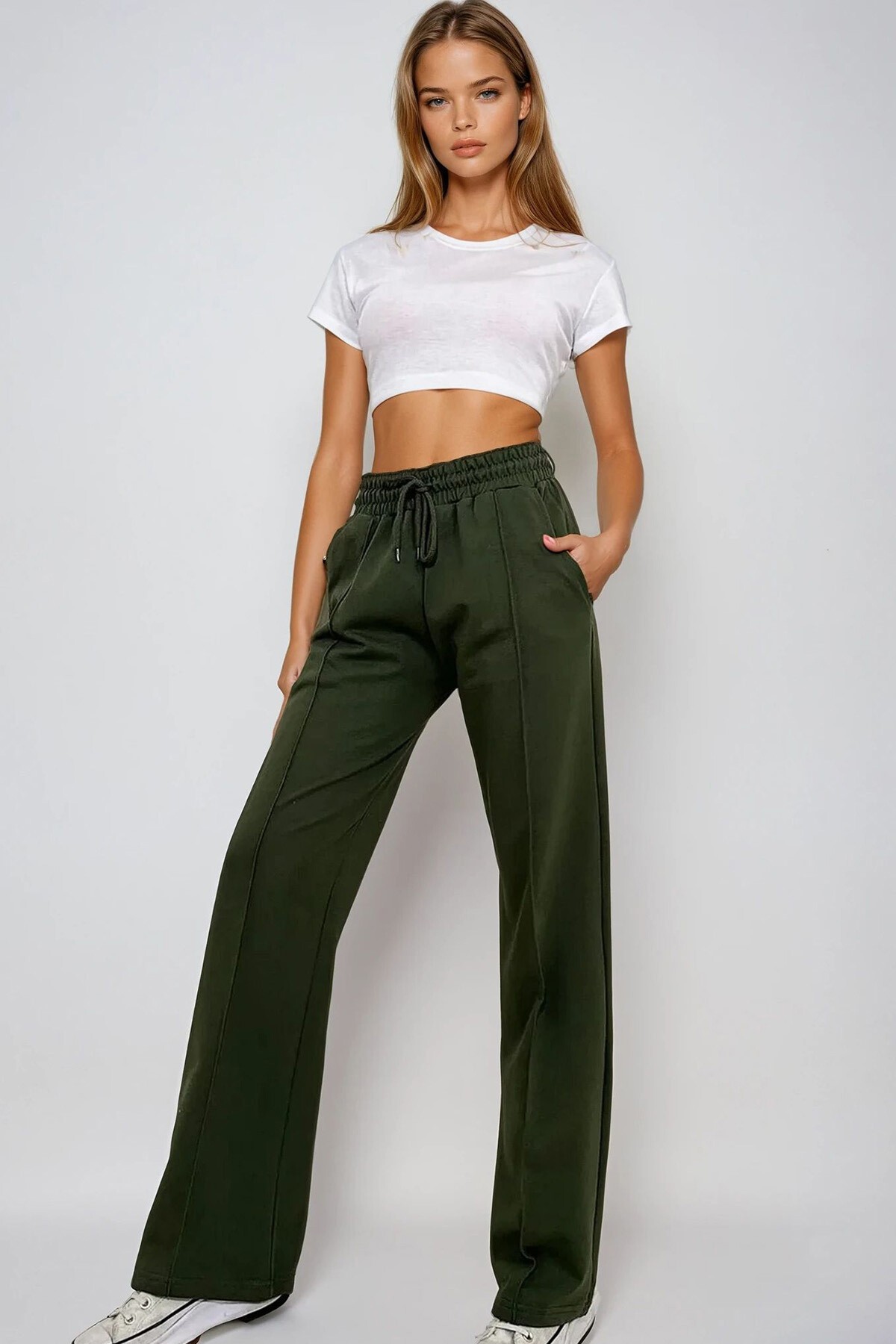 Haki Yüksek Bel Önü Çimalı Bol Paça Çift Cepli Eşofman Altı