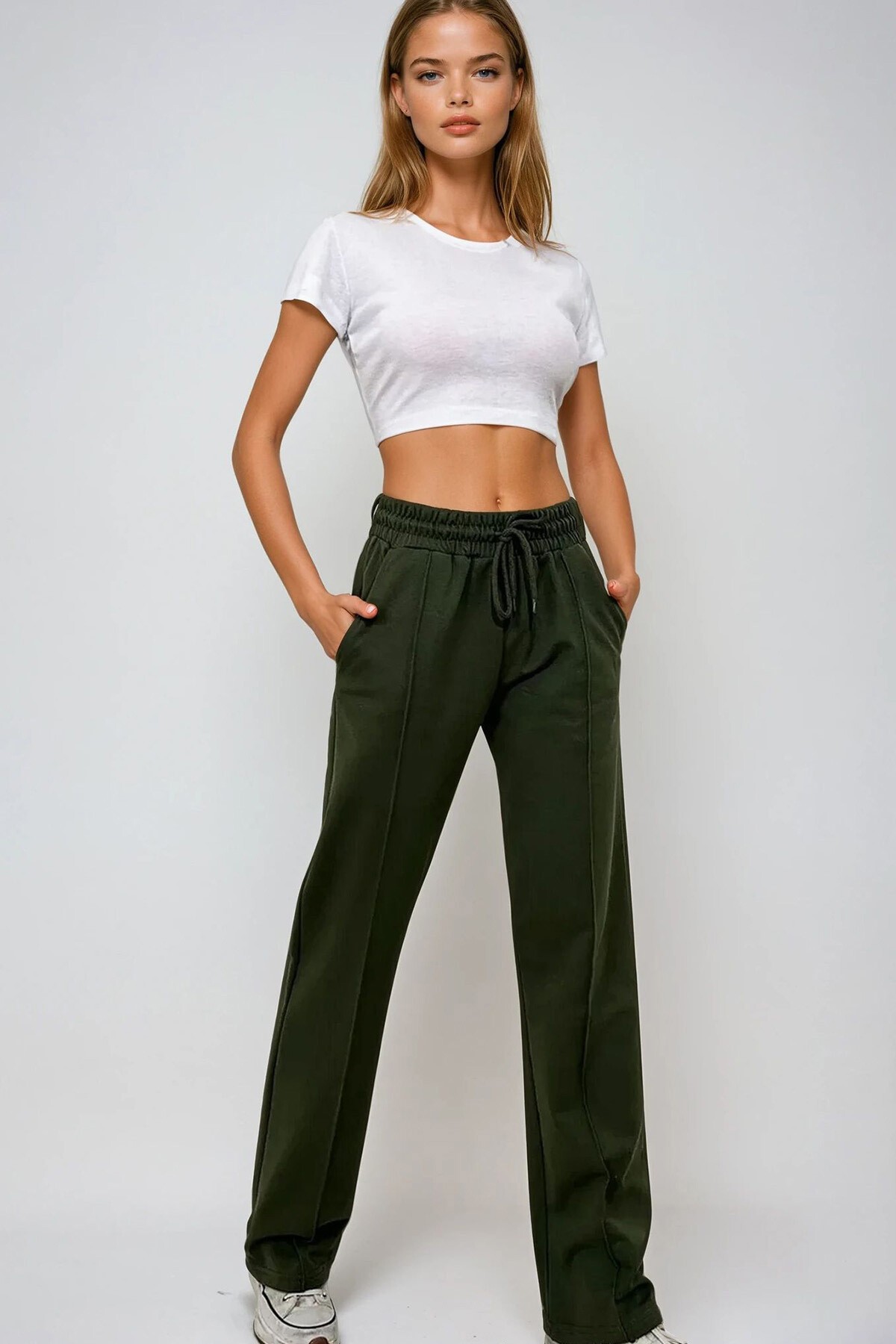 Haki Yüksek Bel Önü Çimalı Bol Paça Çift Cepli Eşofman Altı