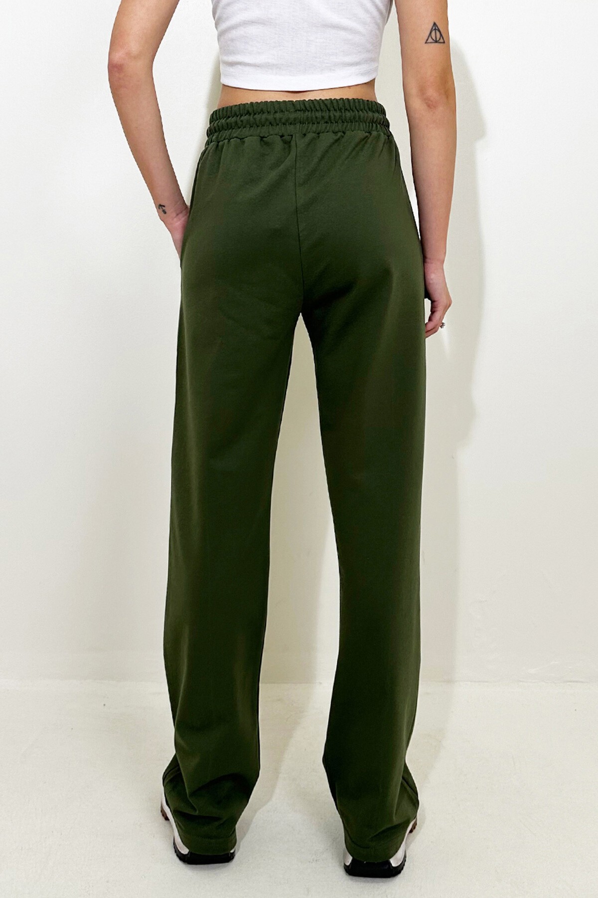 Haki Yüksek Bel Önü Çimalı Bol Paça Çift Cepli Eşofman Altı