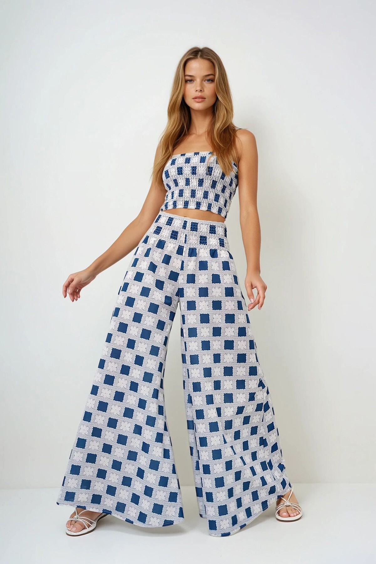 Havacı Mavi Beli Gipeli Geniş Paça Pantolon Ve Gipeli Crop Büstiyer Takım