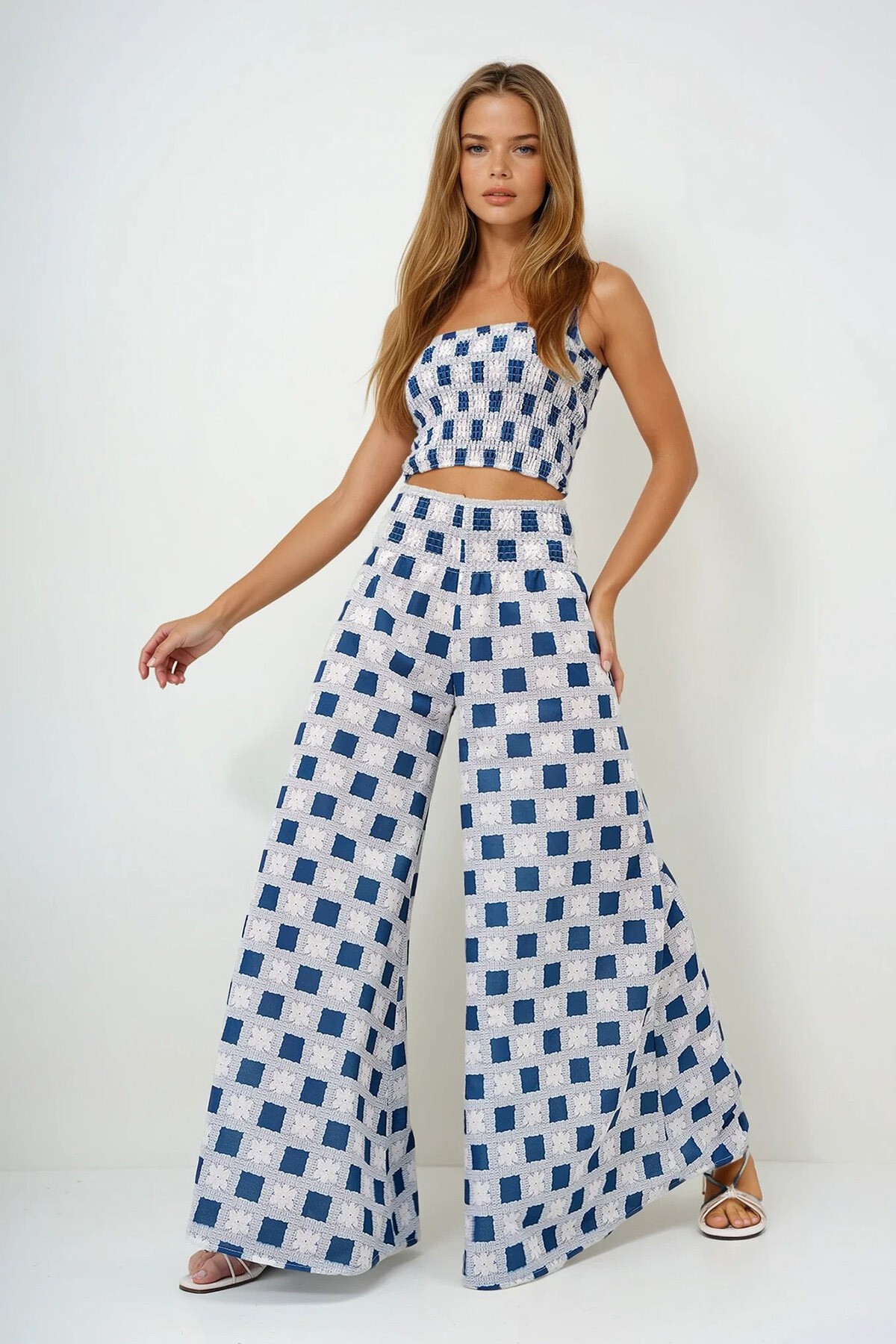 Havacı Mavi Beli Gipeli Geniş Paça Pantolon Ve Gipeli Crop Büstiyer Takım