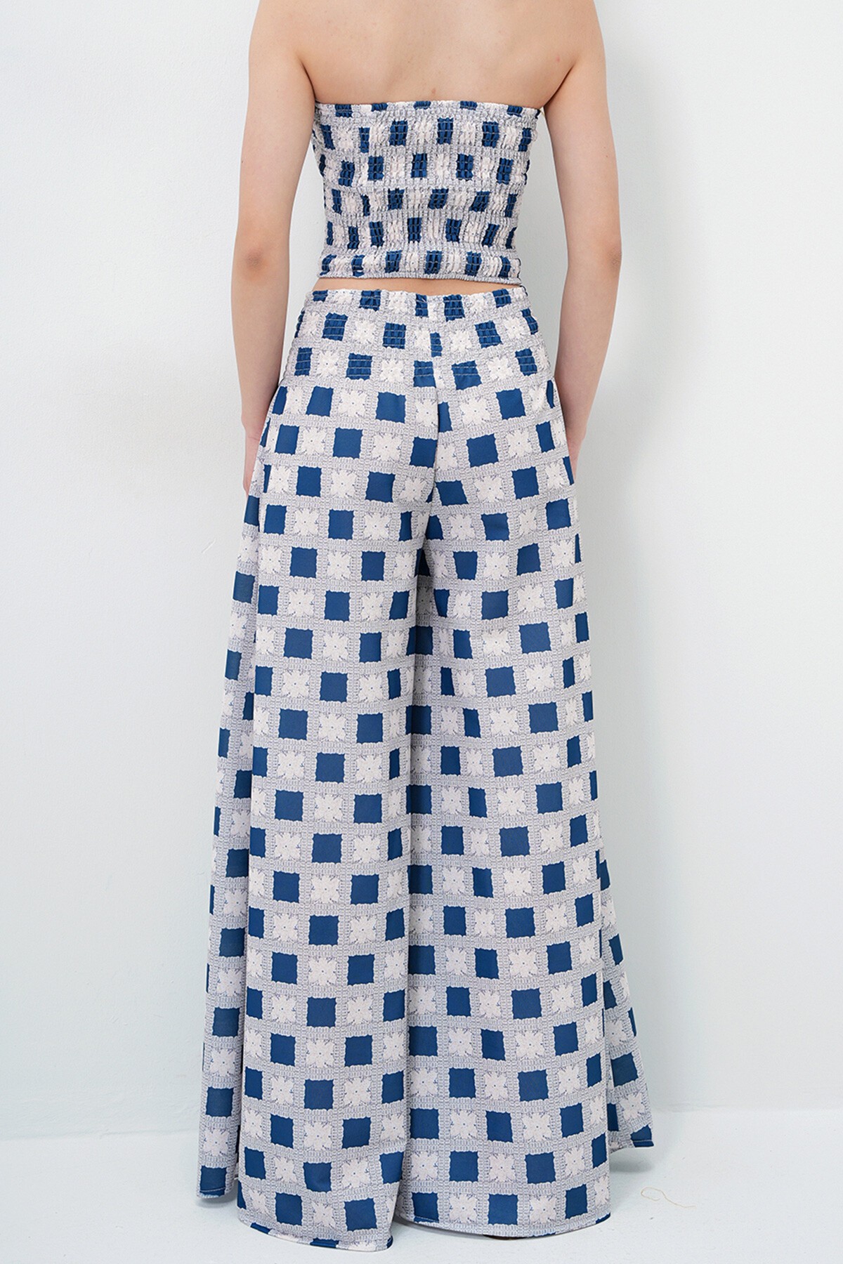 Havacı Mavi Beli Gipeli Geniş Paça Pantolon Ve Gipeli Crop Büstiyer Takım