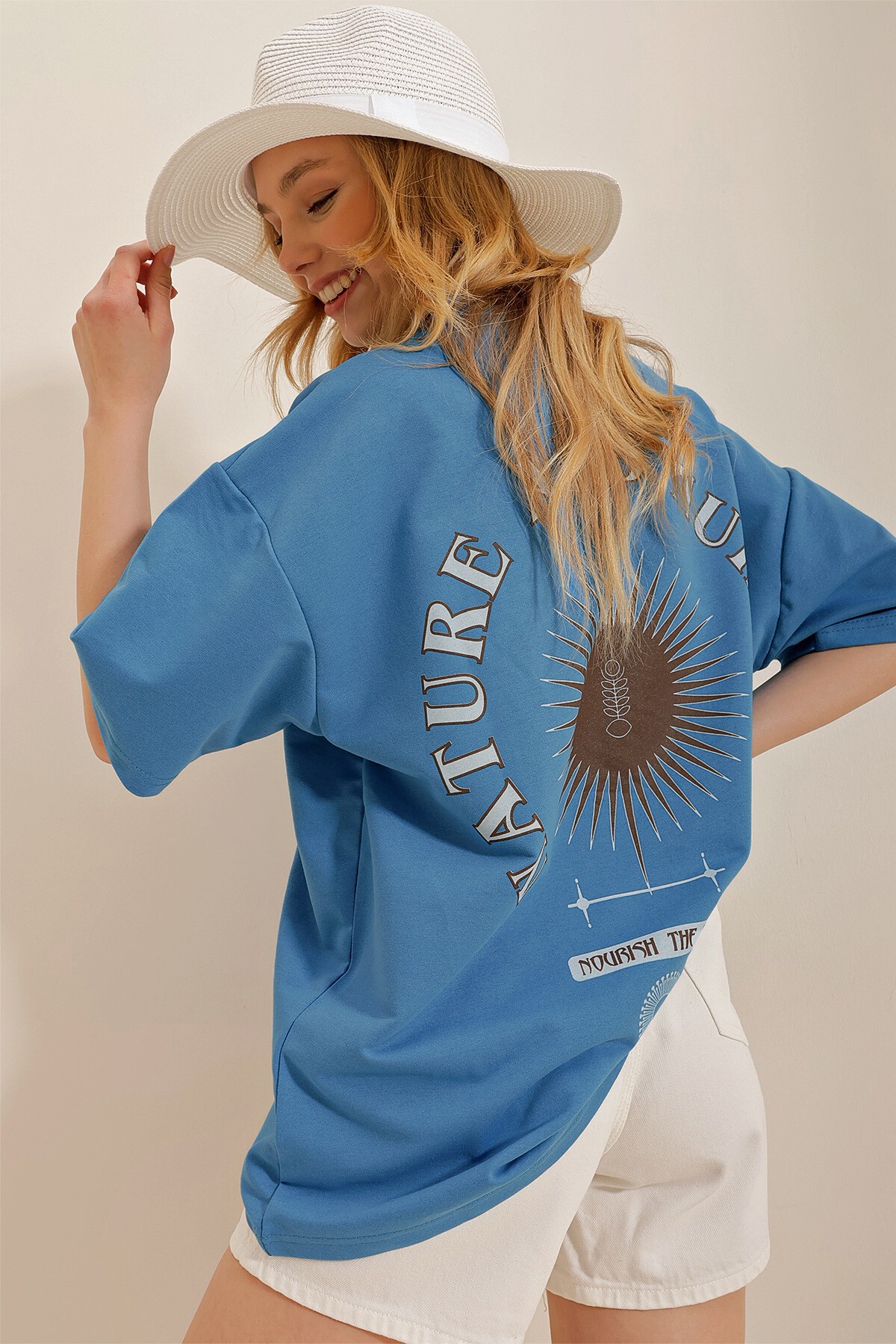 Havacı Mavi Bisiklet Yaka Baskılı Oversize Unisex T-Shirt