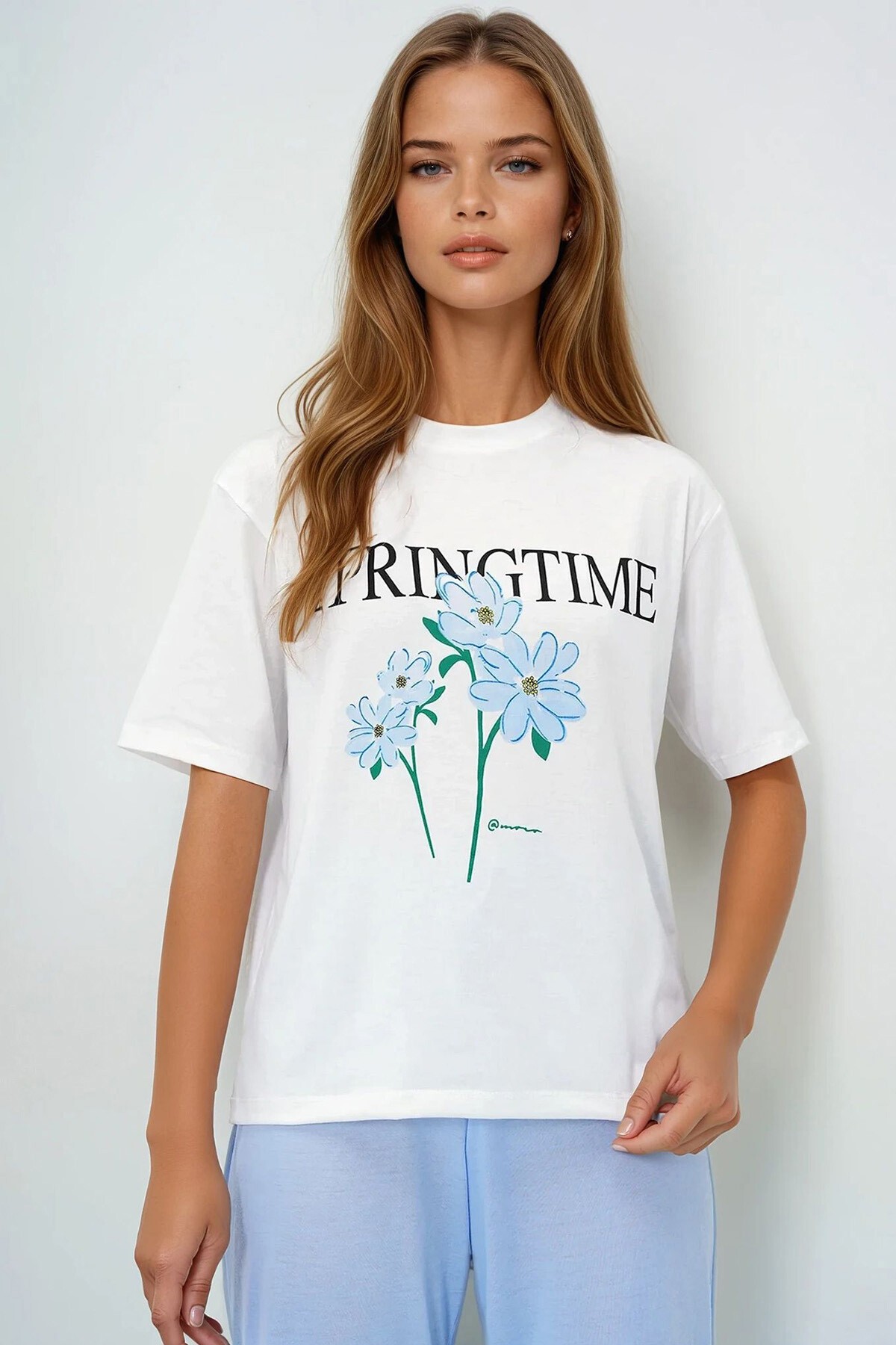 Havacı Mavi Bisiklet Yaka Baskılı T Shirt Ve Düz Renk Pantolonlu Pijama Takımı