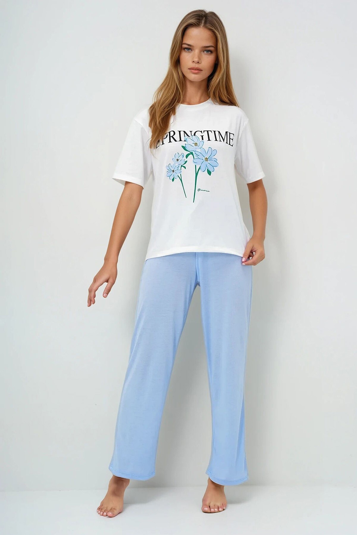 Havacı Mavi Bisiklet Yaka Baskılı T Shirt Ve Düz Renk Pantolonlu Pijama Takımı