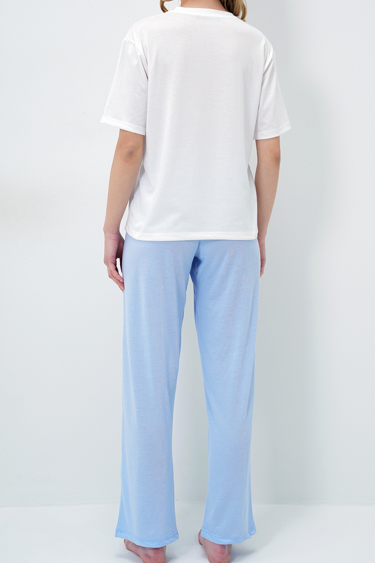 Havacı Mavi Bisiklet Yaka Baskılı T Shirt Ve Düz Renk Pantolonlu Pijama Takımı