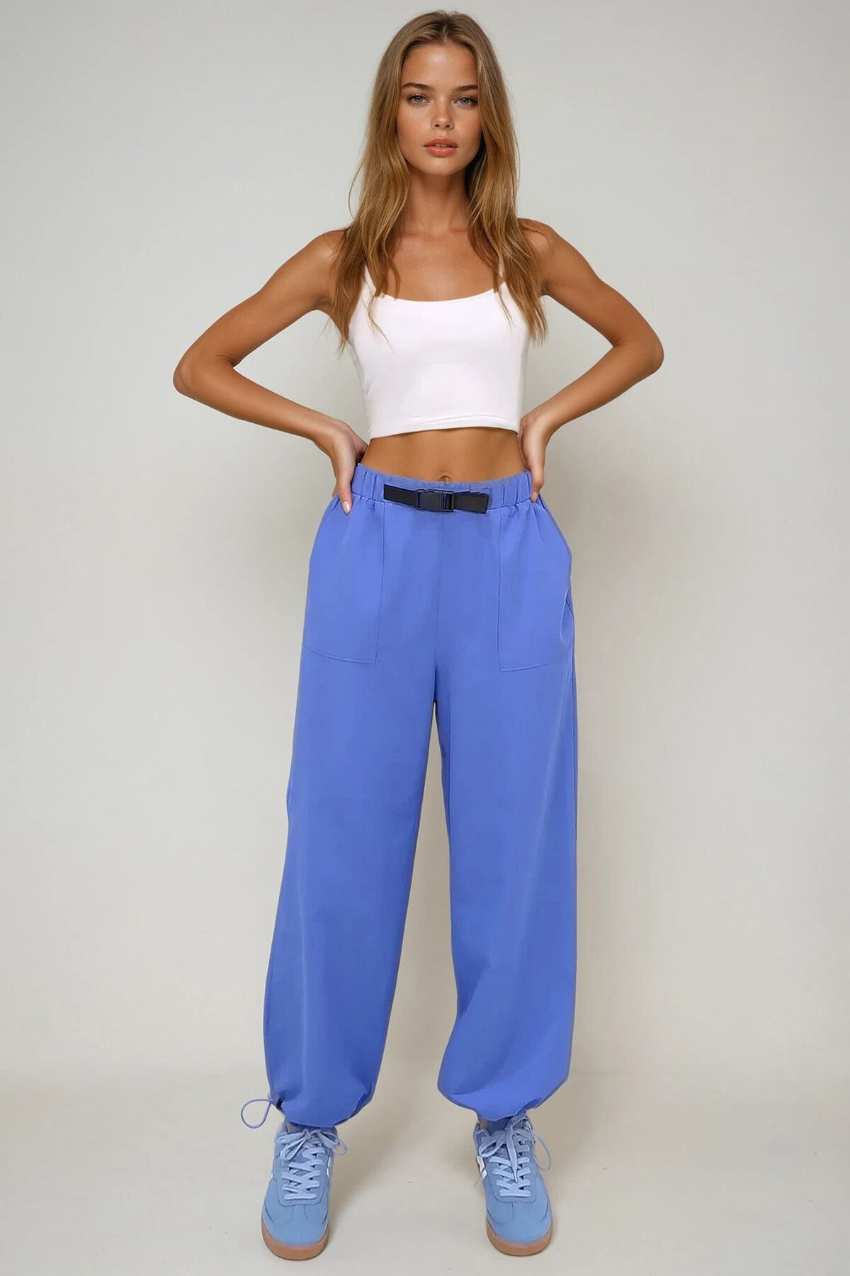 Havacı Mavi Çift Cepli Paçası Lastikli Kemer Detaylı Yazlık Jogger Pantolon