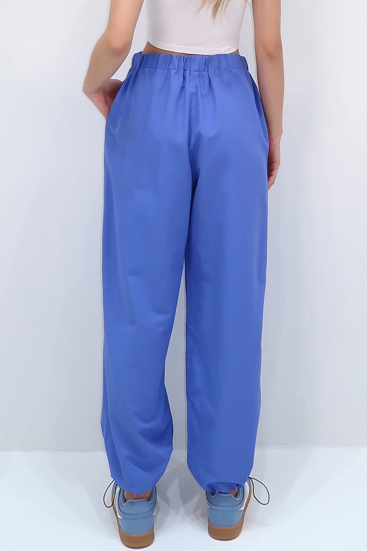 Havacı Mavi Çift Cepli Paçası Lastikli Kemer Detaylı Yazlık Jogger Pantolon