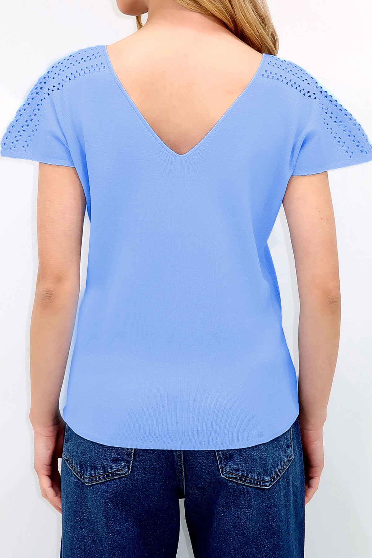 Havacı Mavi Ön Arka V Yaka Omuzu Ajurlu Triko Bluz