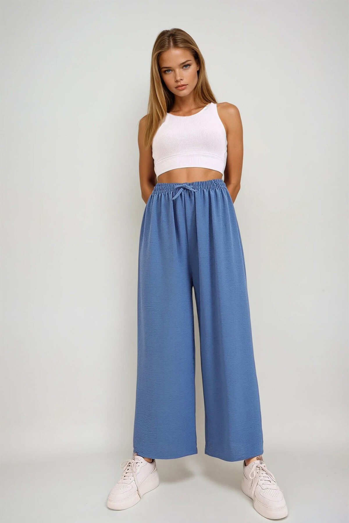İndigo Beli Lastikli Rahat Kesim Aerobin Pantolon
