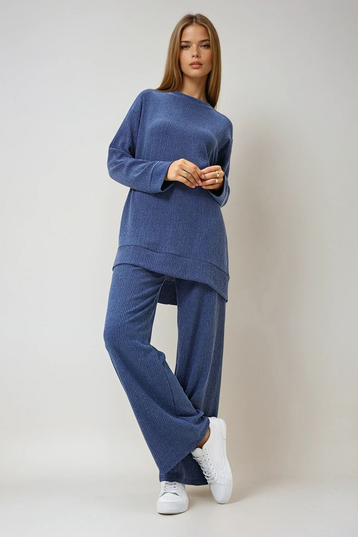 İndigo Bisiklet Yaka Kendinden Dokulu Mevsimlik Tunik Ve Pantolon Takım